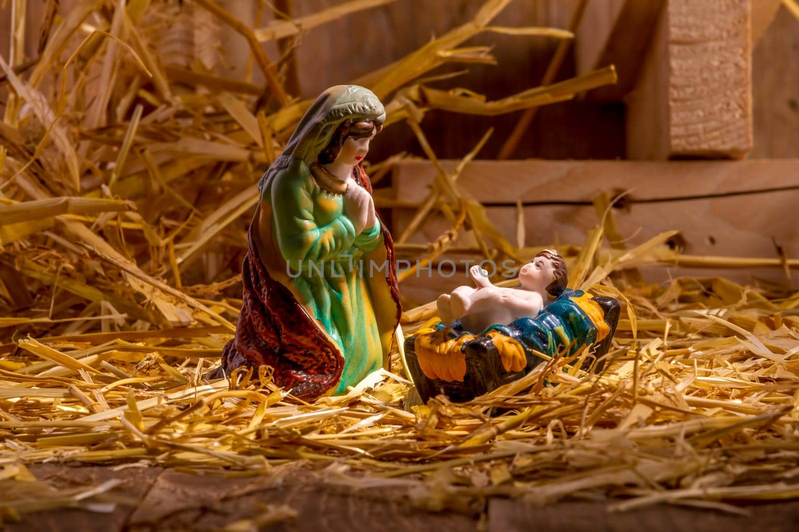 Christmas Manger scene with figurines including Jesus and Mary. Focus on Mary!