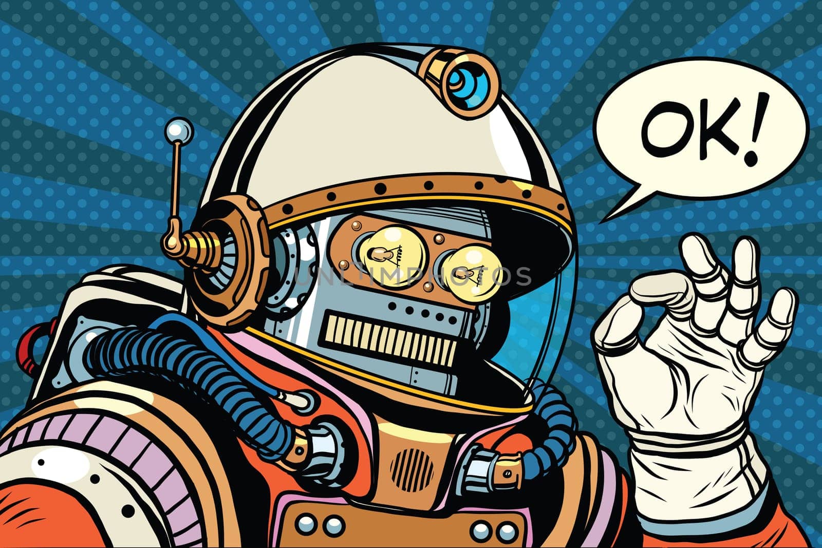 okay retro robot astronaut gesture OK, pop art retro vector illustration. Science fiction and robotics, space and science