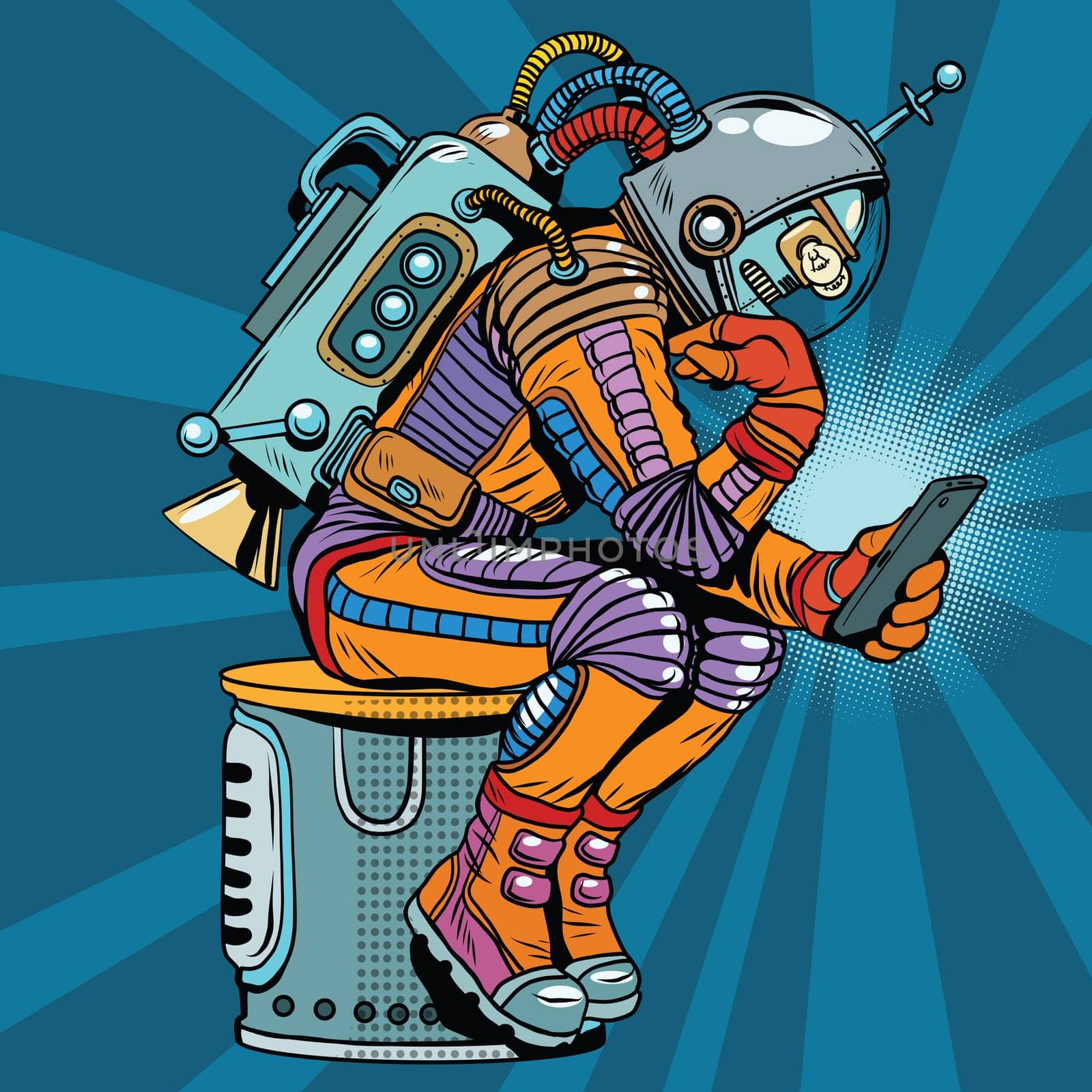 Retro robot astronaut in the thinker pose reads smartphone, pop art retro vector illustration. Science fiction and robotics, space and science