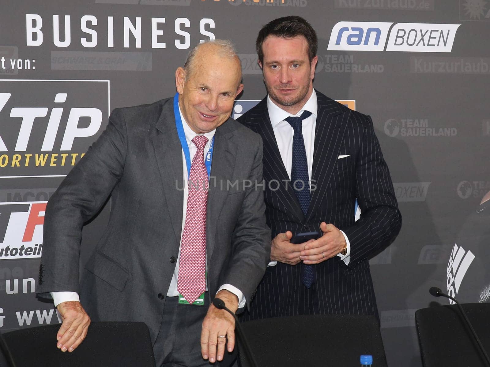 Wilfried Sauerland and son Kalle Sauerland (both promoter Team Sauerland) at the WBA Super Middleweight World Championship fight Tyron Zeuge against Giovanni De Carolis on 05.11.2016 in the MBS-Arena Potsdam