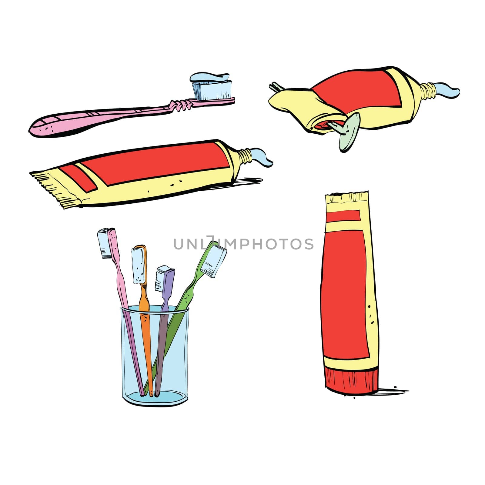 Retro set of dental hygiene, toothpaste and toothbrush. Vector isolated illustration on a white background