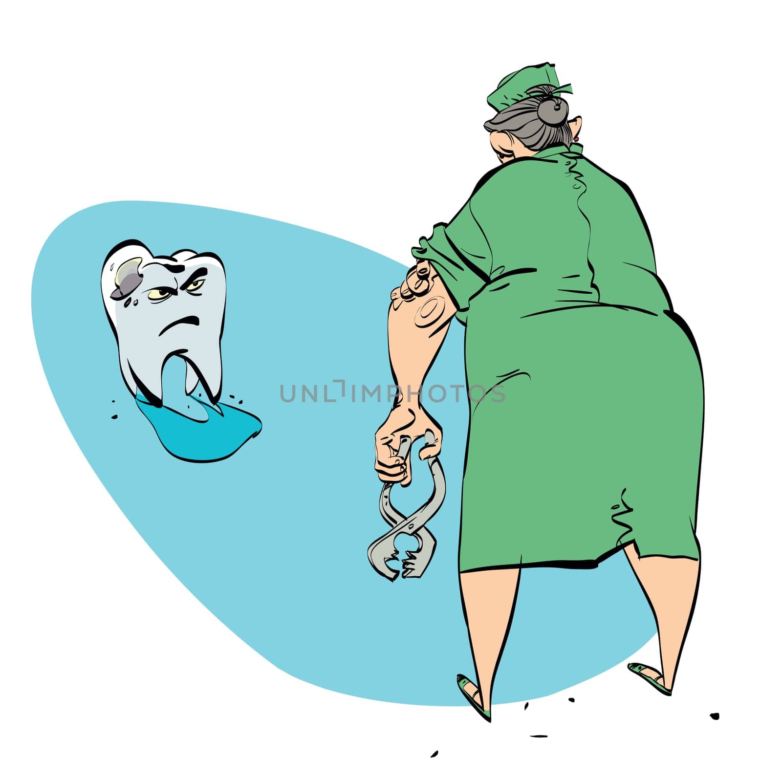 bad tooth and the dentist, color vector comic illustration. Woman doctor wants to pull a tooth