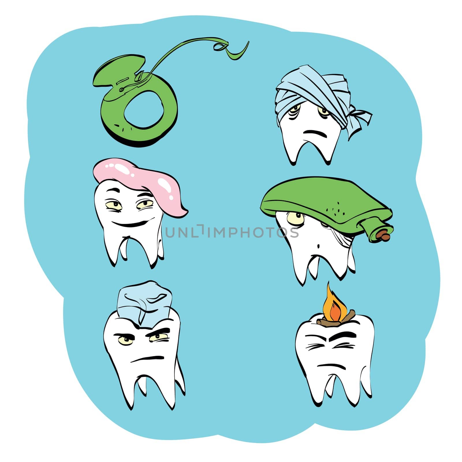 Dental set of tooth health and oral hygiene, color vector comic illustration. Pain and treatment. Toothpaste and dental floss. Caries and pulpitis