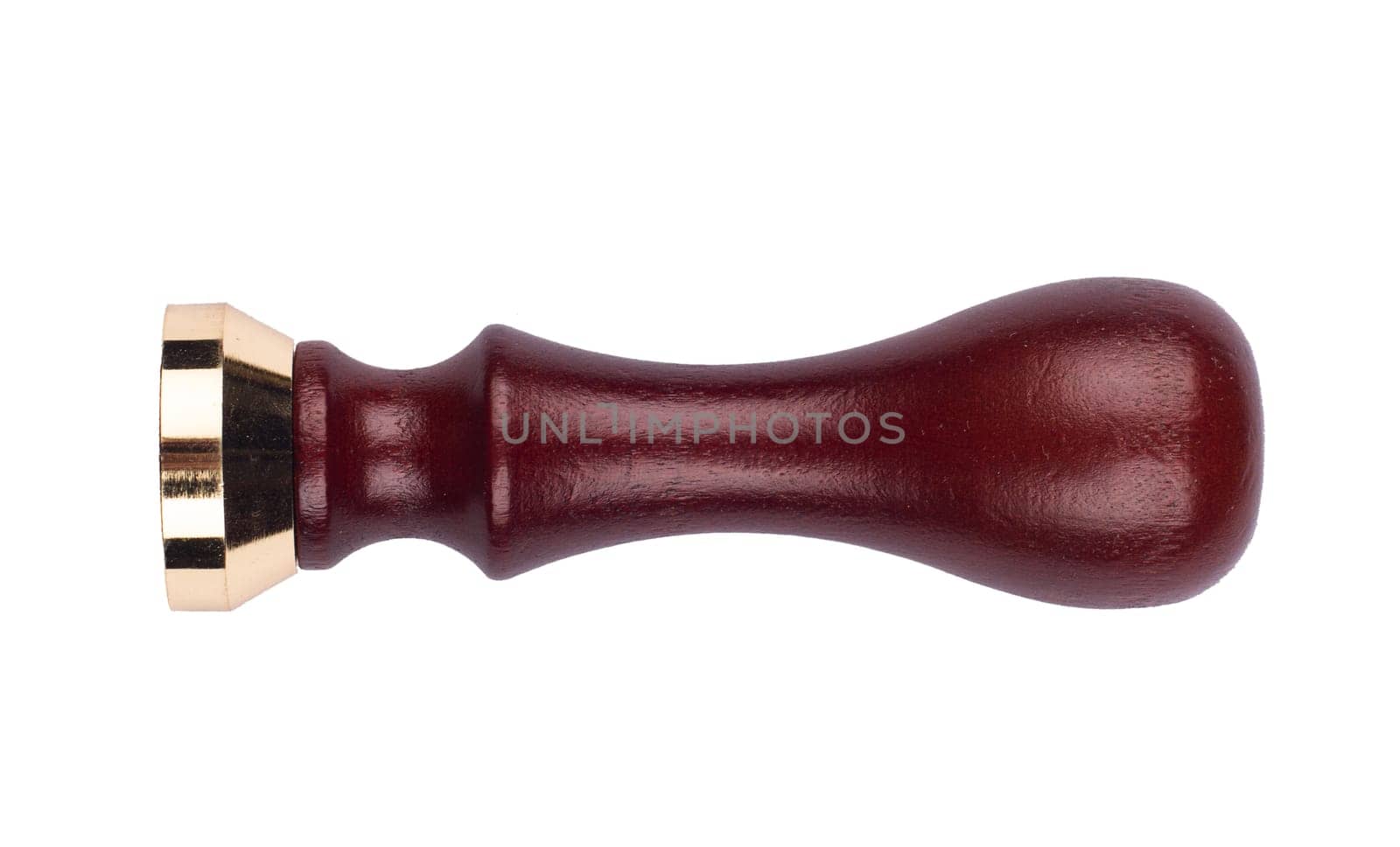 front view of personal stamp tool with wooden handle and metallic head isolated on white