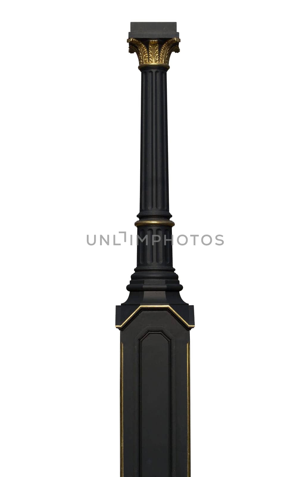 Detail of black and gold classical metallic street pole isolated on white background