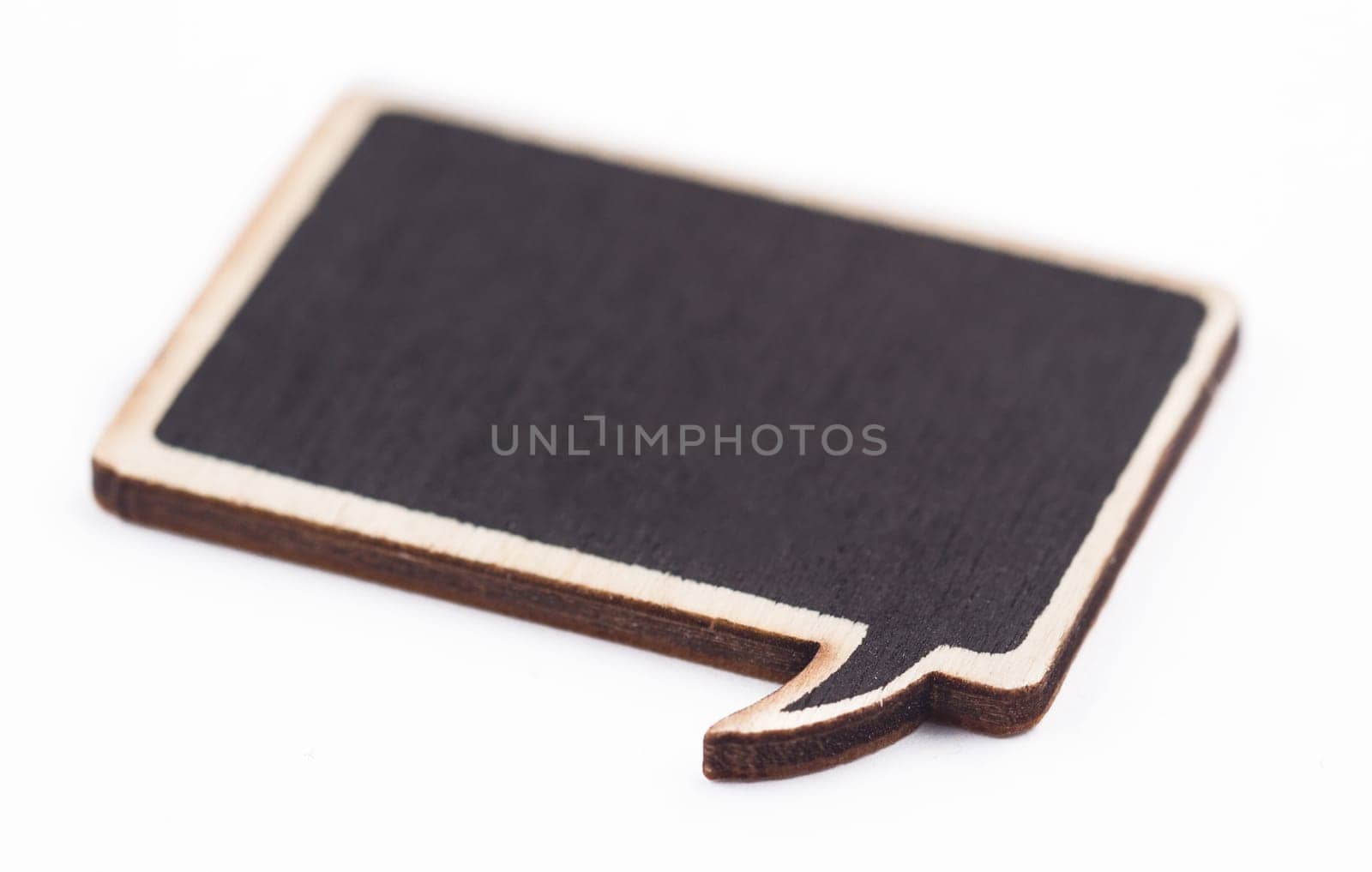 black handcrafted wooden blank speech bubble with square shape on white background