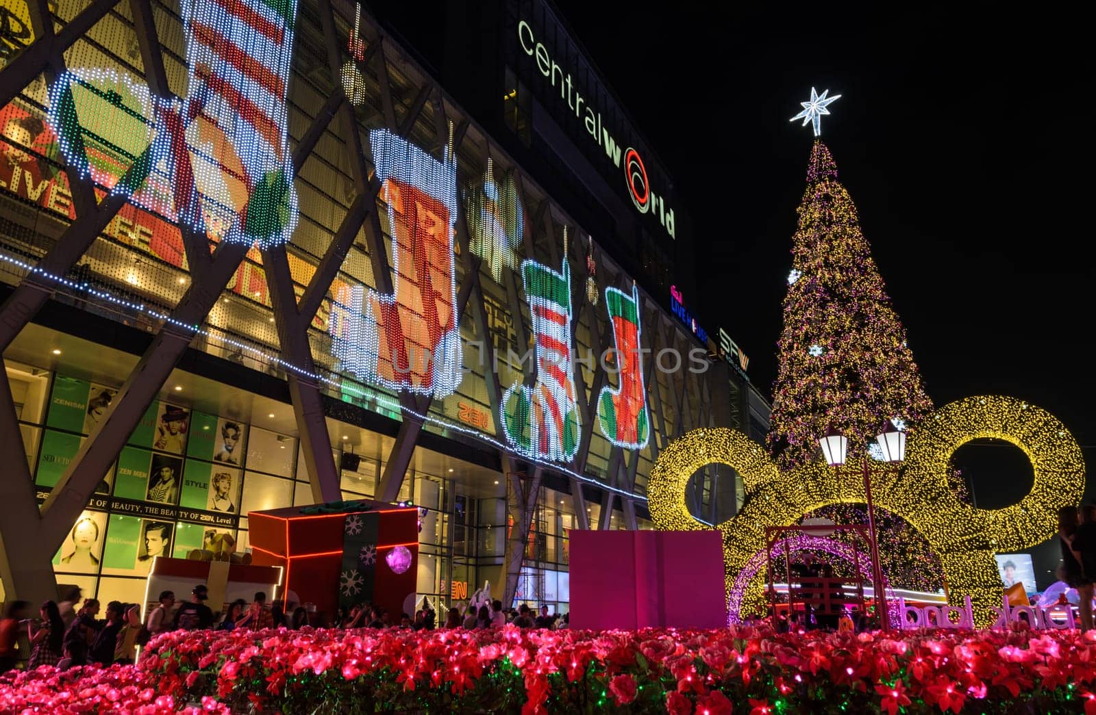 BANGKOK, THAILAND - DECEMBER 21, 2015 : Night illumination of Christmas and New Year celebration 2016 at Central World shopping mall, Ratchaprasong intersection in Bangkok, Thailand. Decorated in concept of Disneyland fairy tale