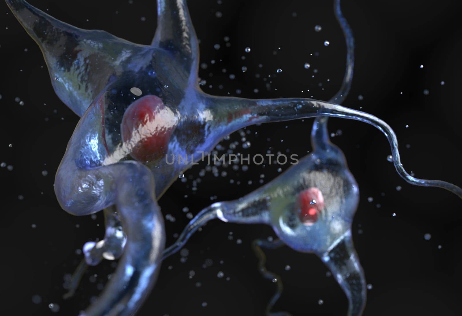 Illustration of human nerve cell on a black 3d render