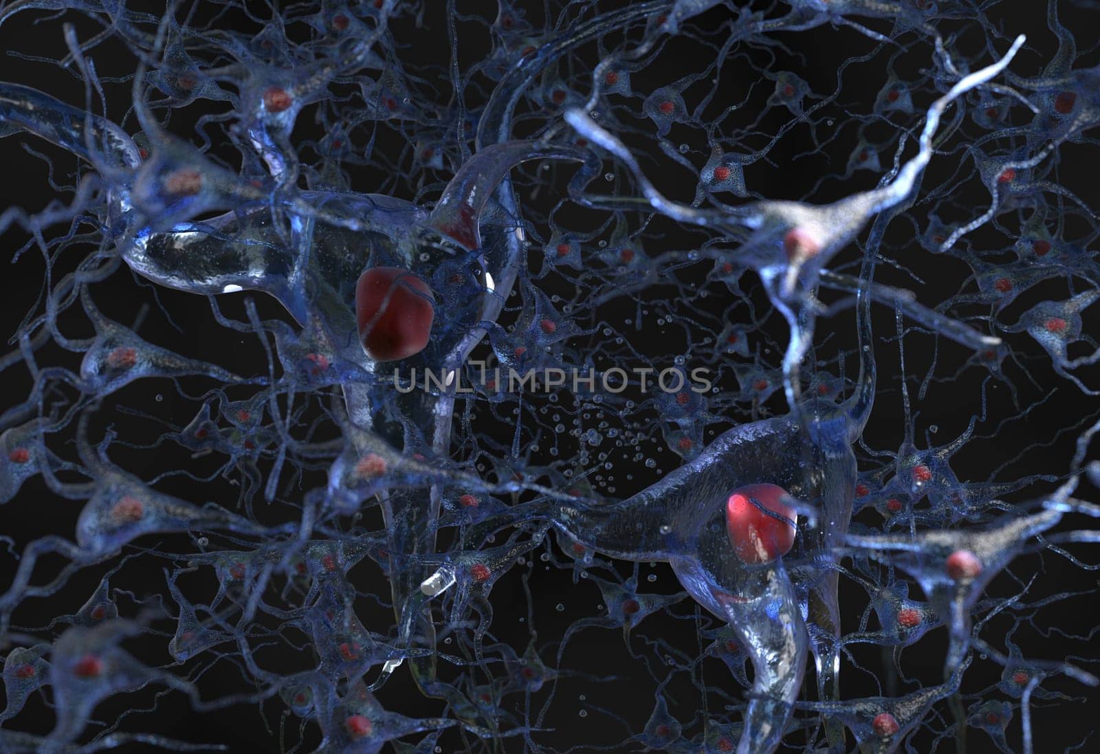 Illustration of human nerve cell net on a black 3d render