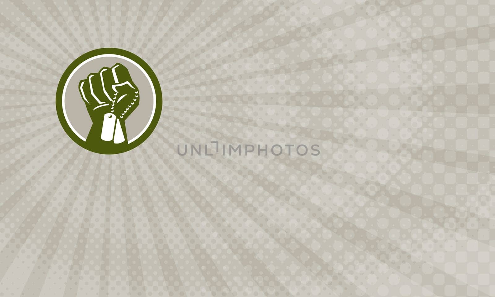 Business card showing Illustration of a clenched fist clutching holding dogtag viewed from front set inside circle done in retro style. ...