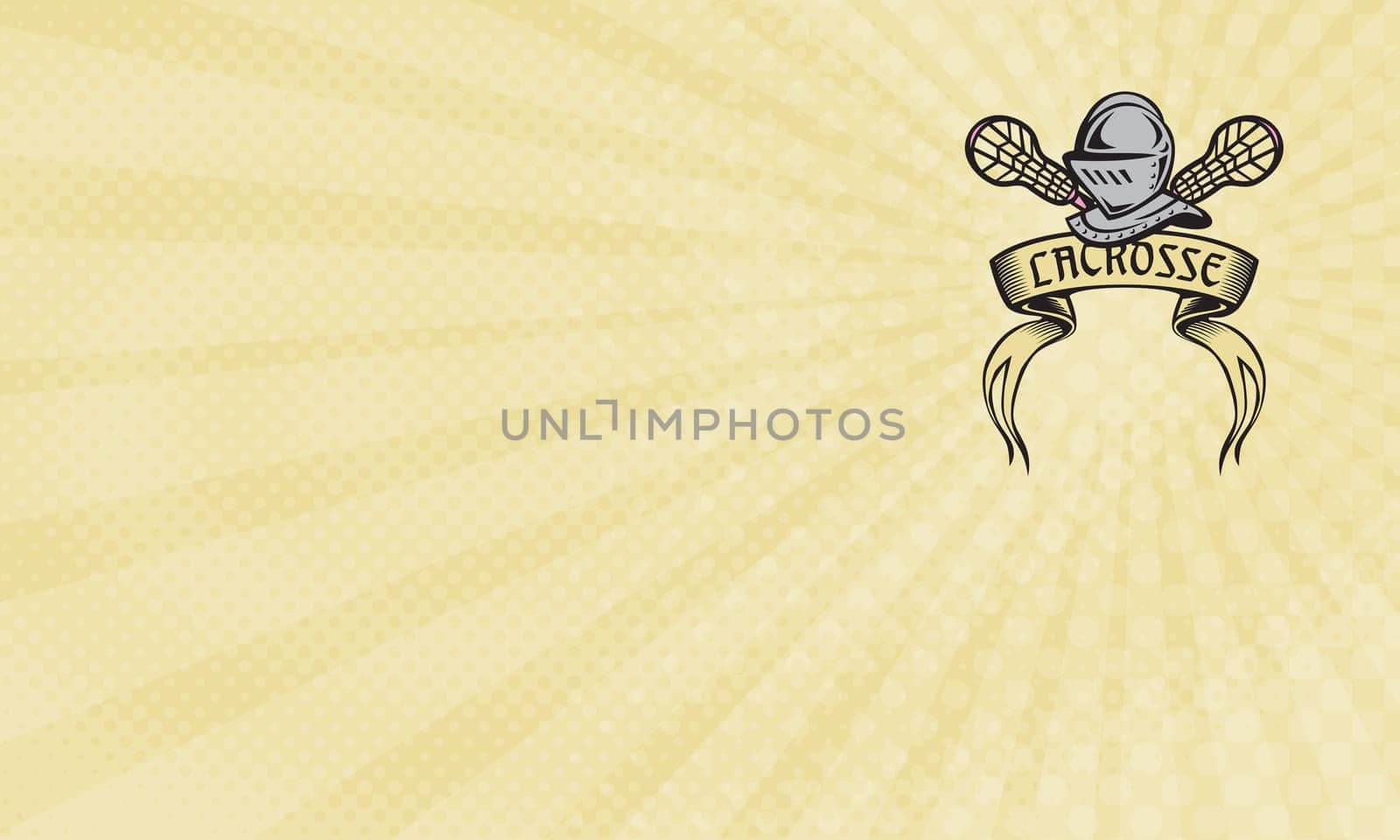 Business card showing Illustration of a knight armor helmet with crossed lacrosse stick with the word text Lacrosse written in ribbon. ....