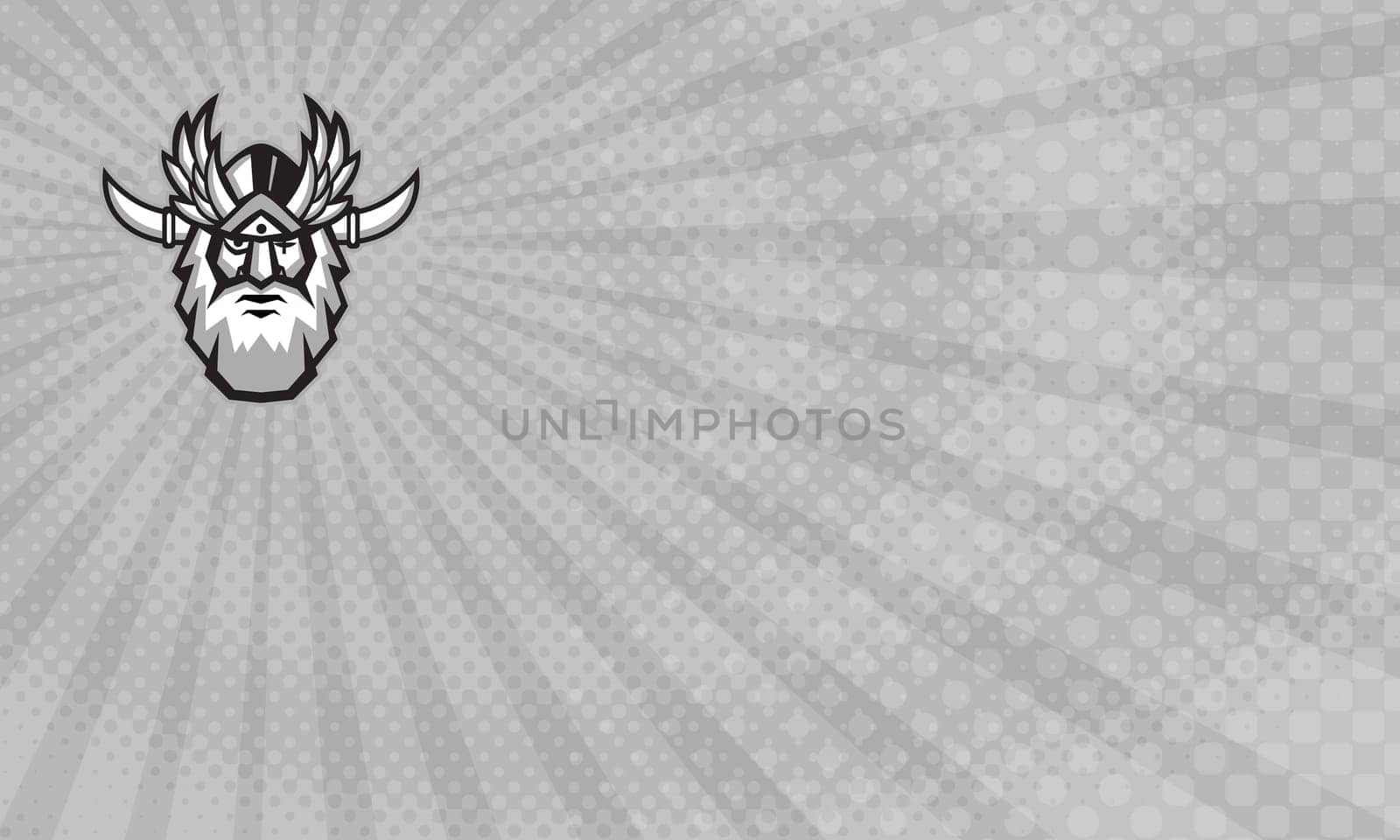 Business card showing Illustration of a head of Norse mythology god, Odin with beard, hat and blind on one eye viewed from front done in retro style. ..