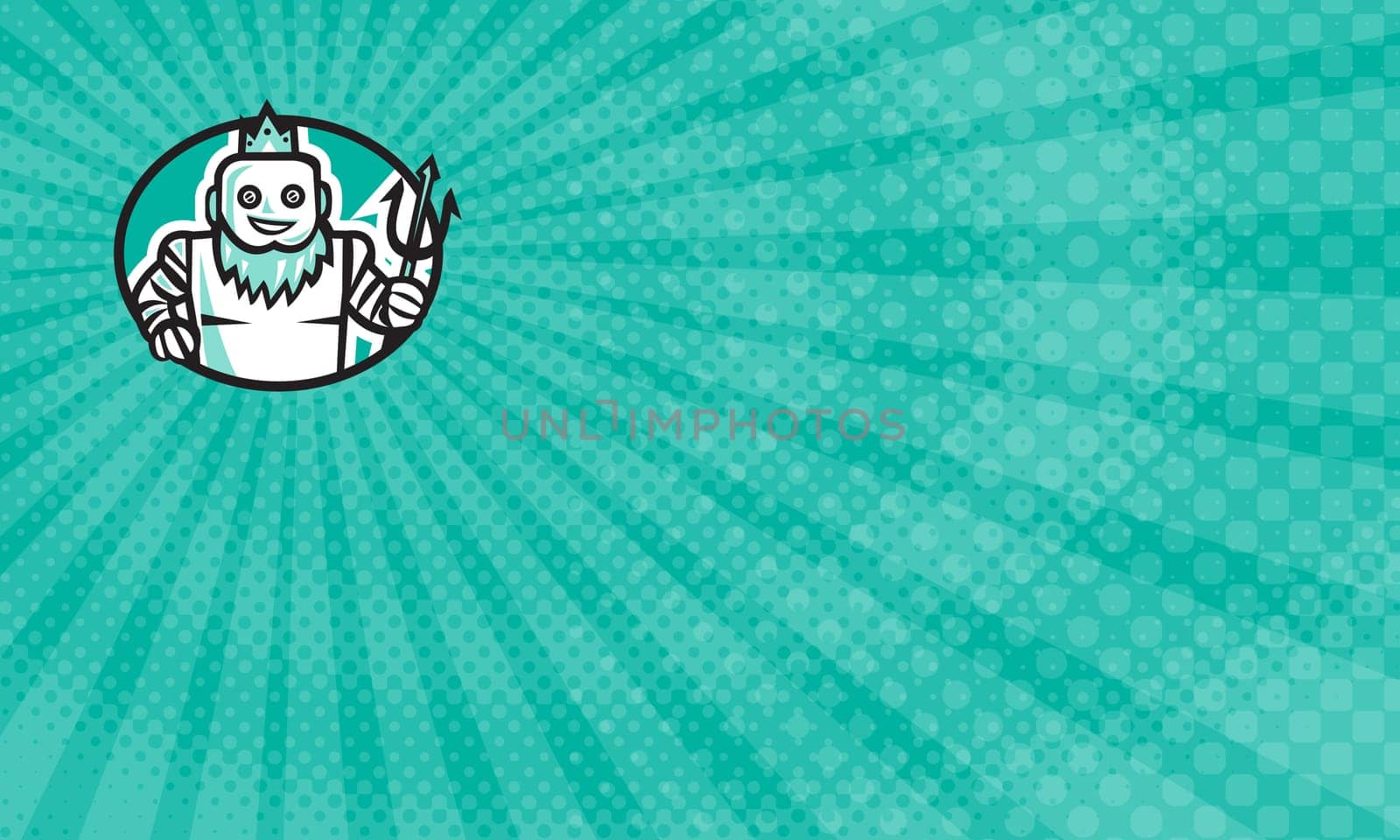 Business card showing Illustration of a robotic poseidon holding trident facing front set inside oval shape done in retro style. ...