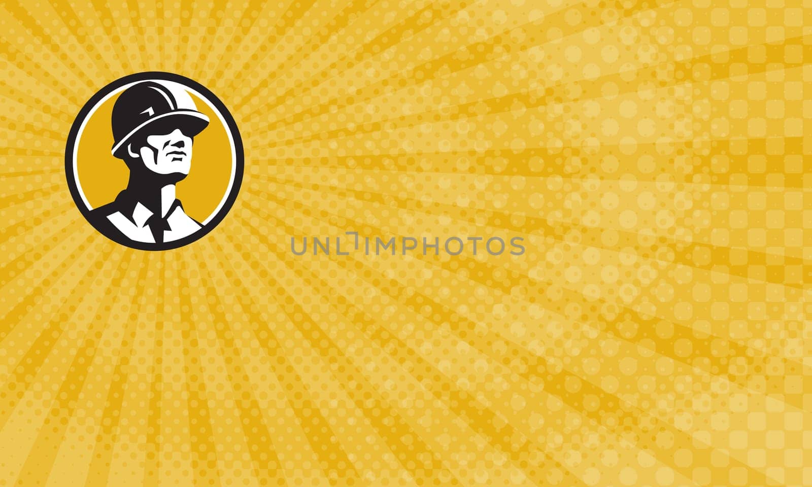 Business card showing Illustration of a builder construction worker wearing hardhat looking forward set inside circle done in retro style....