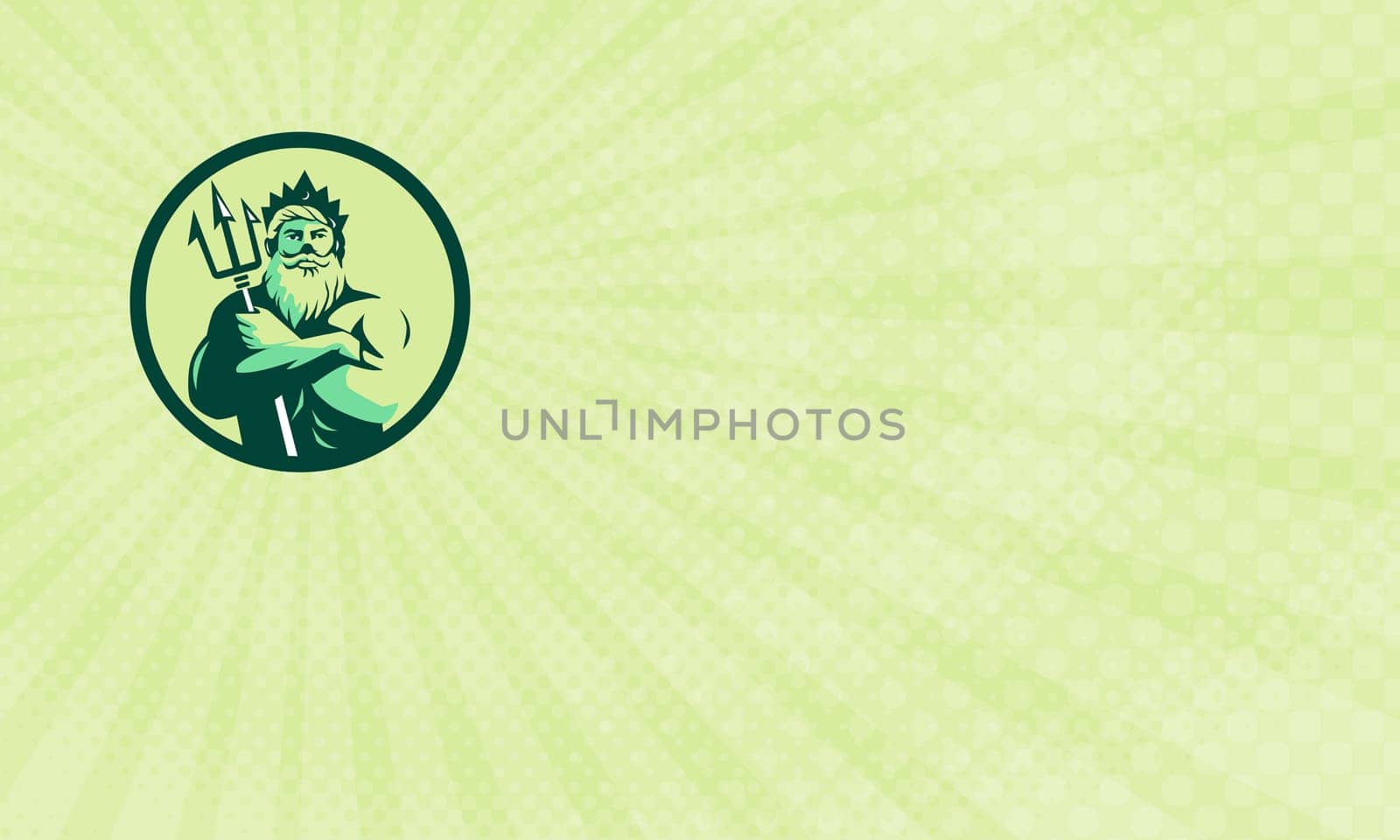 Business card showing Illustration of triton mythological god arms crossed holding trident viewed from front set inside circle done in retro style. ..