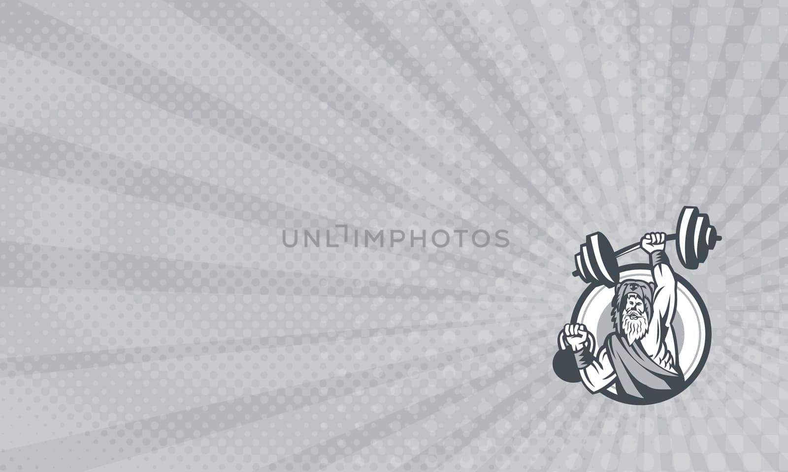 Business card showing Illustration of a berserker, a champion Norse warrior wearing pelt of bear skin lifting barbell and kettlebell viewed from front set inside circle done in retro style. ...
