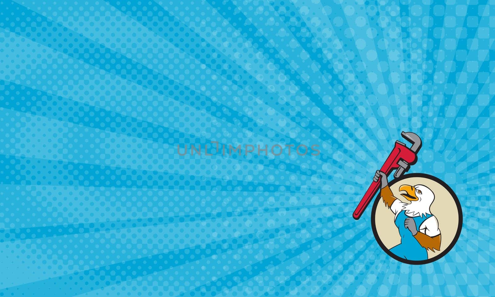 Business card showing Illustration of a american bald eagle plumber raising up giant pipe wrench adjustable wrench over head looking up viewed from the side set inside circle done in cartoon style. ...