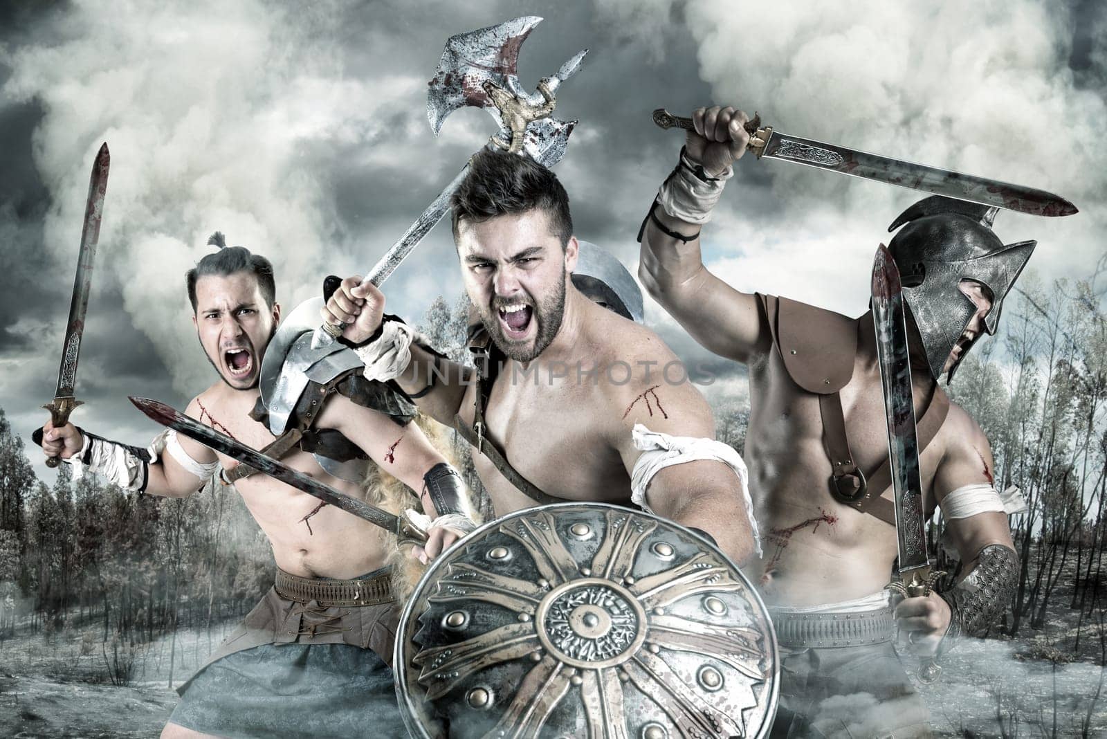 Group of gladiators/warriors ready to fight