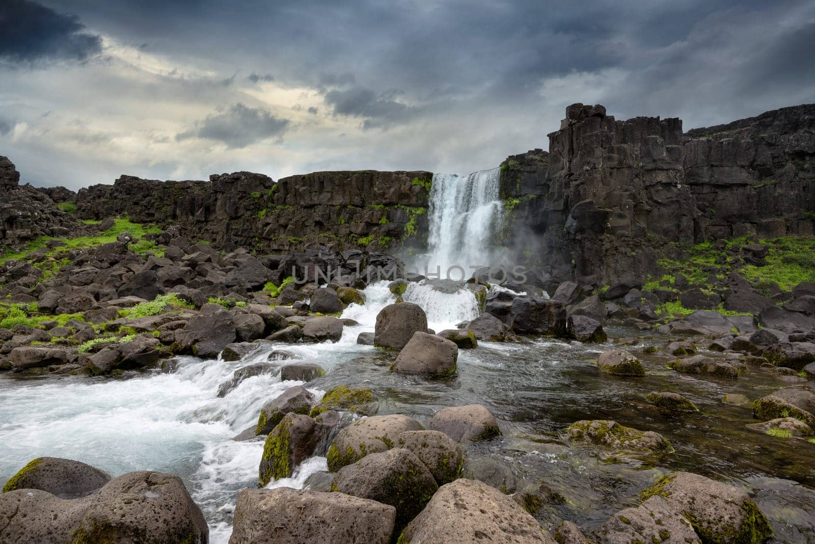 Beautiful and dramatic Oxarafoss waterfalls in Iceland