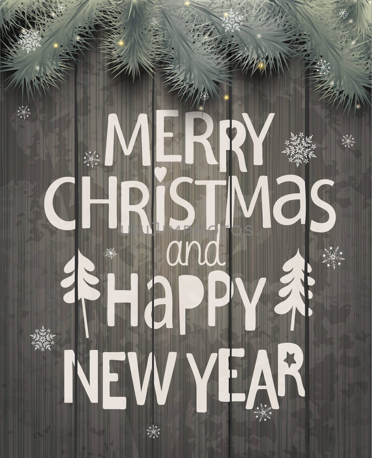 Xmas and New Year Holiday Greeting Cards Design. Wooden Hand Drawn Background. Vector illustration.