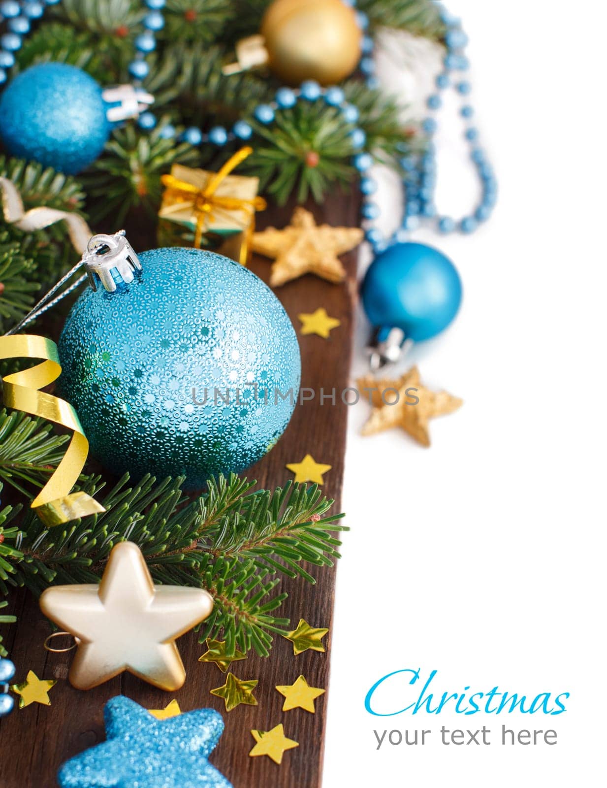 Turquoise and golden Christmas ornaments border on white background