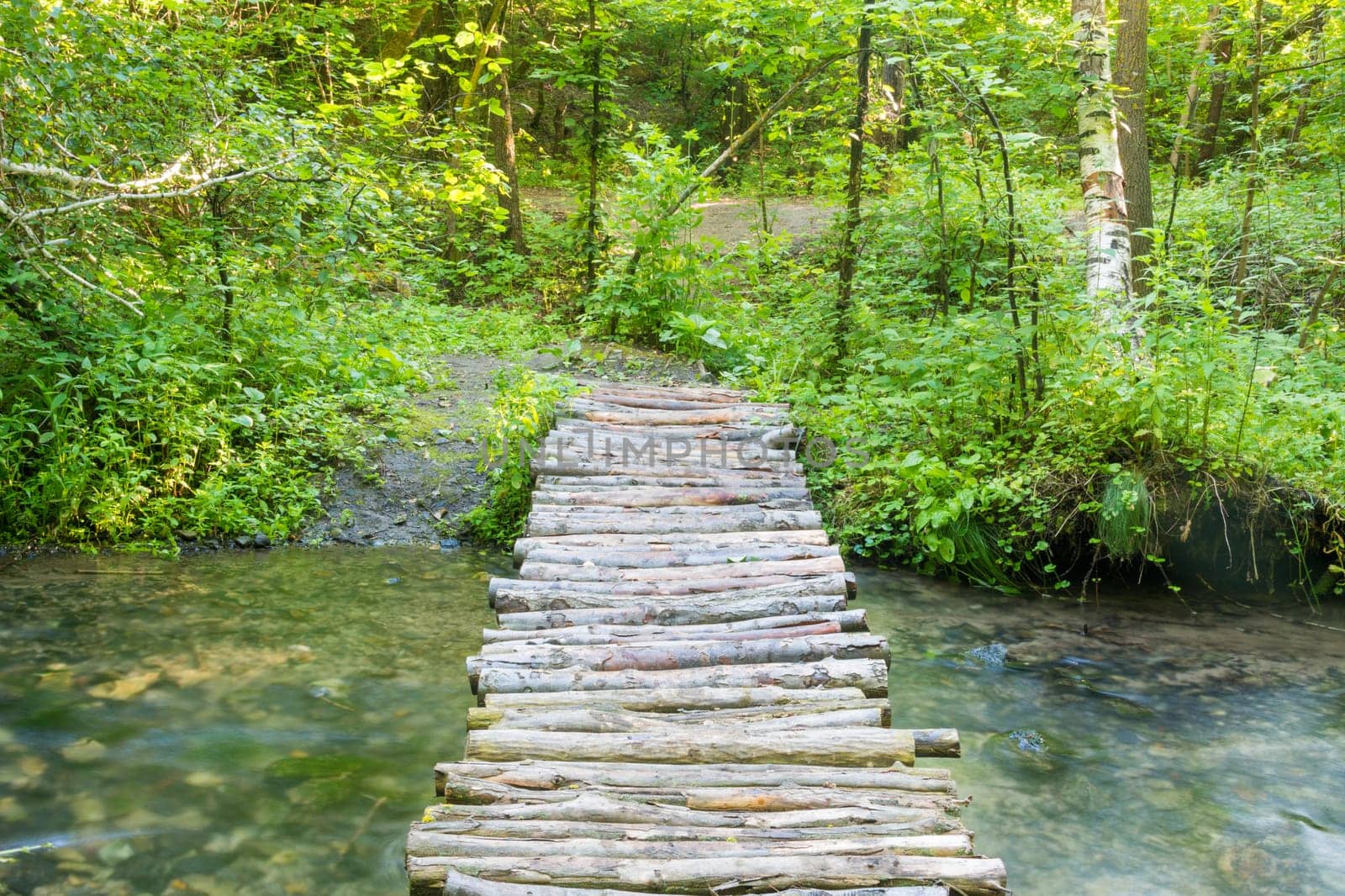 Homemade wooden bridge over a small river forest