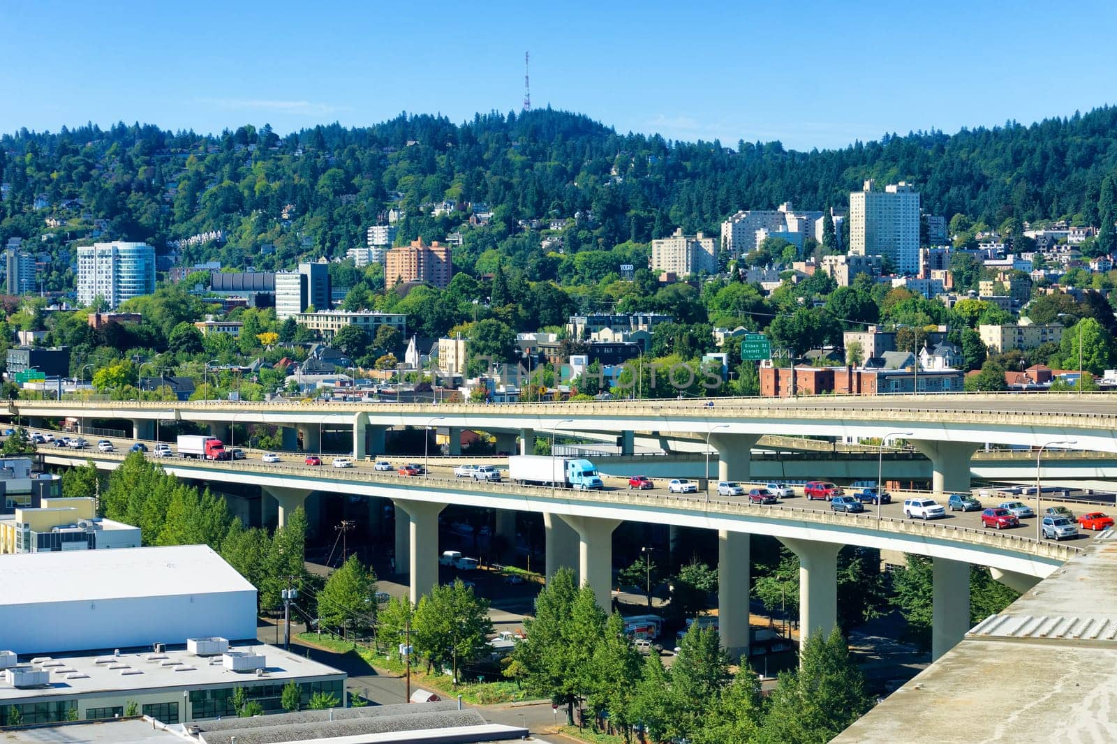 West hills view in Portland, Oregon with stopped traffic on I-405