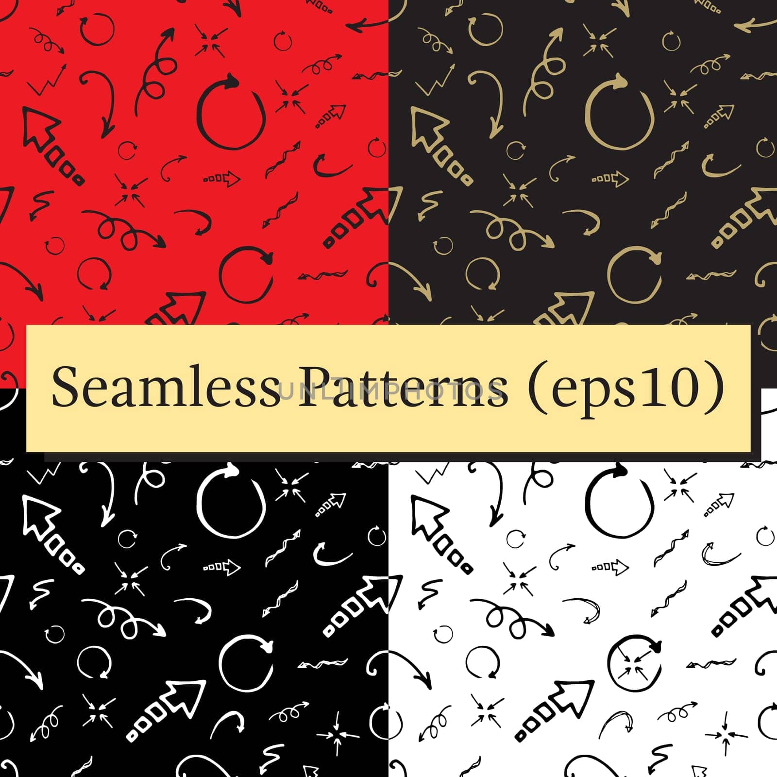 Seamless pattern set. Doodle ink, hand drawn pointers, arrows and other signs. Vector image.