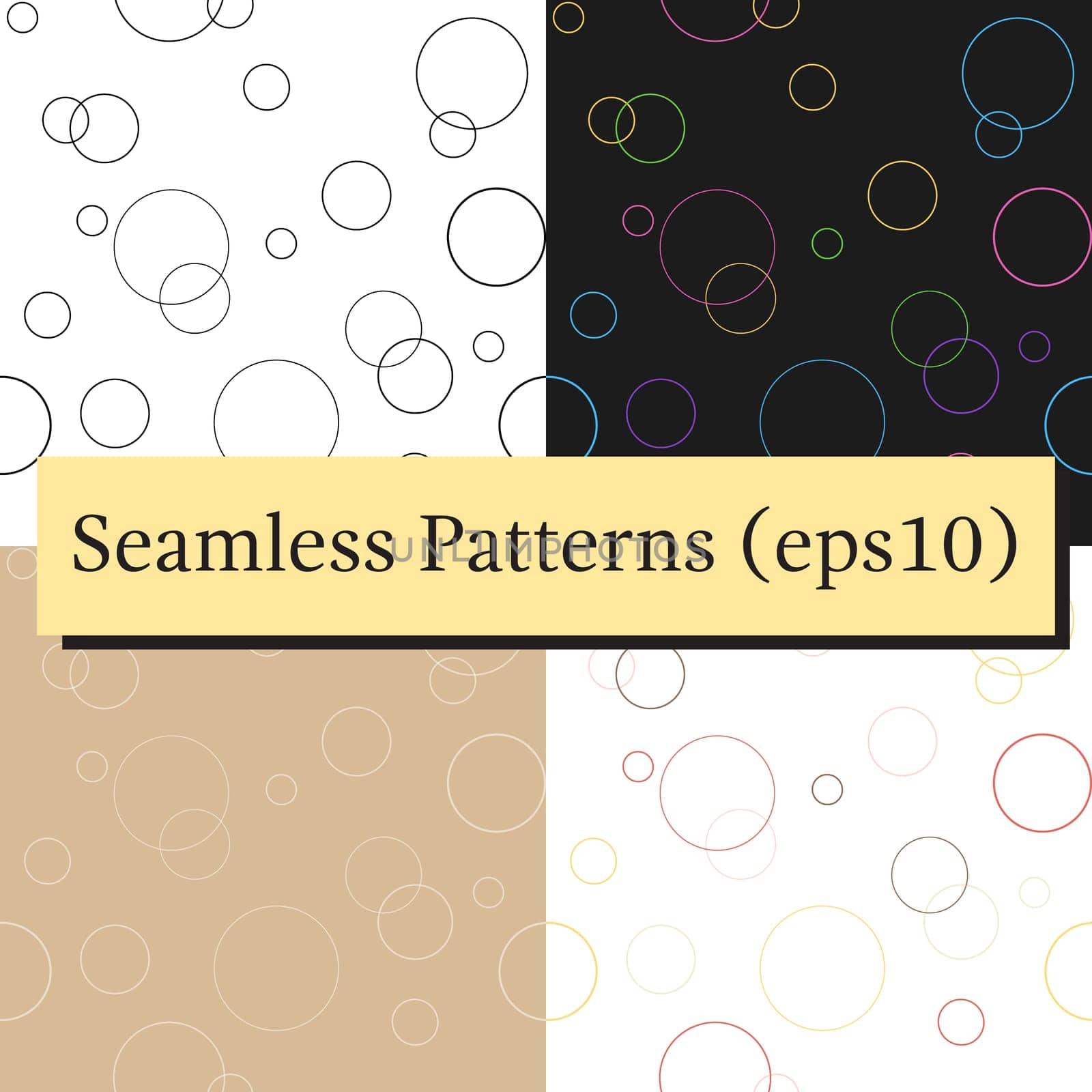Seamless pattern textures set. Geometric ornament with colorful circles on black. Vector illustration