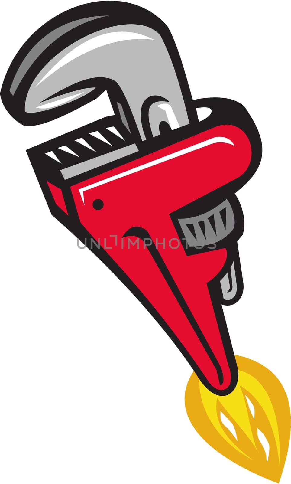 Illustration of a pipe wrench rocket booster blasting off set on isolated white background done in retro style.