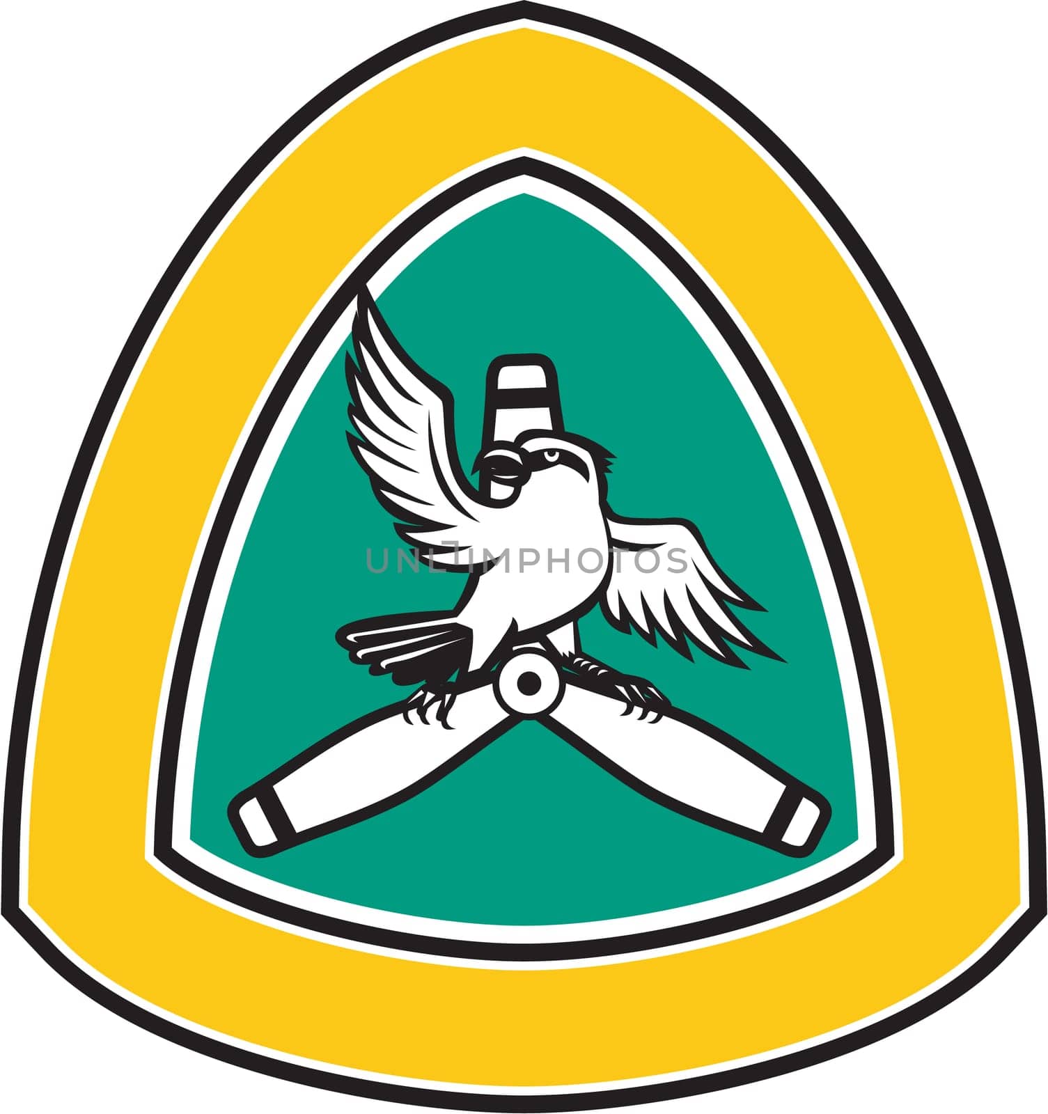 Illustration of a shrike, a carnivorous passerine birds of the family Laniidae perching on a propeller blade looking to the side with spread wings viewed from front set inside shield crest on isolated background done in retro style.