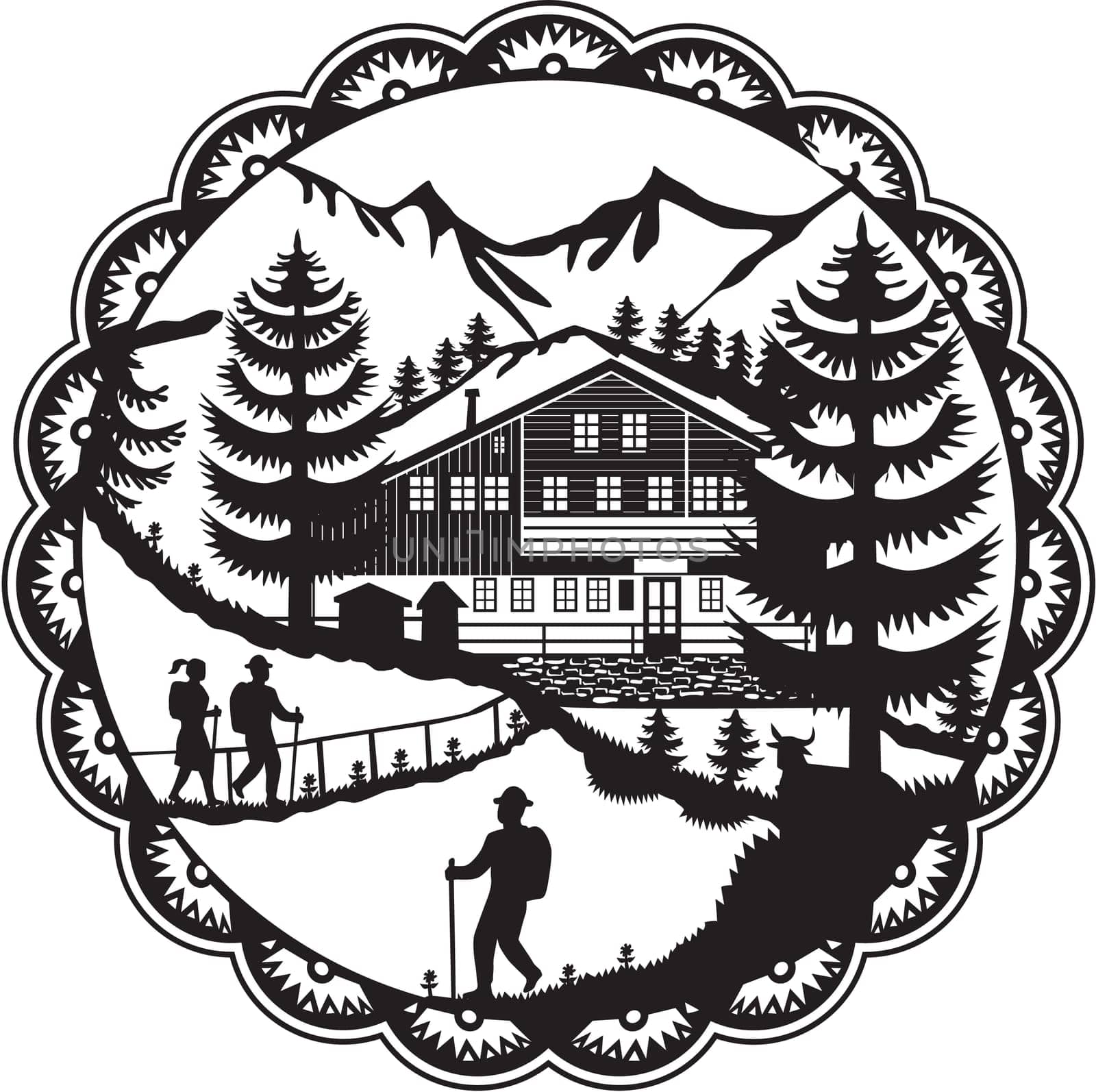 Swiss decoupage style illustration of a Swiss Chalet nestled in the foot of the Alps with Alpine trees and hikers set inside rosette done in black and white.
