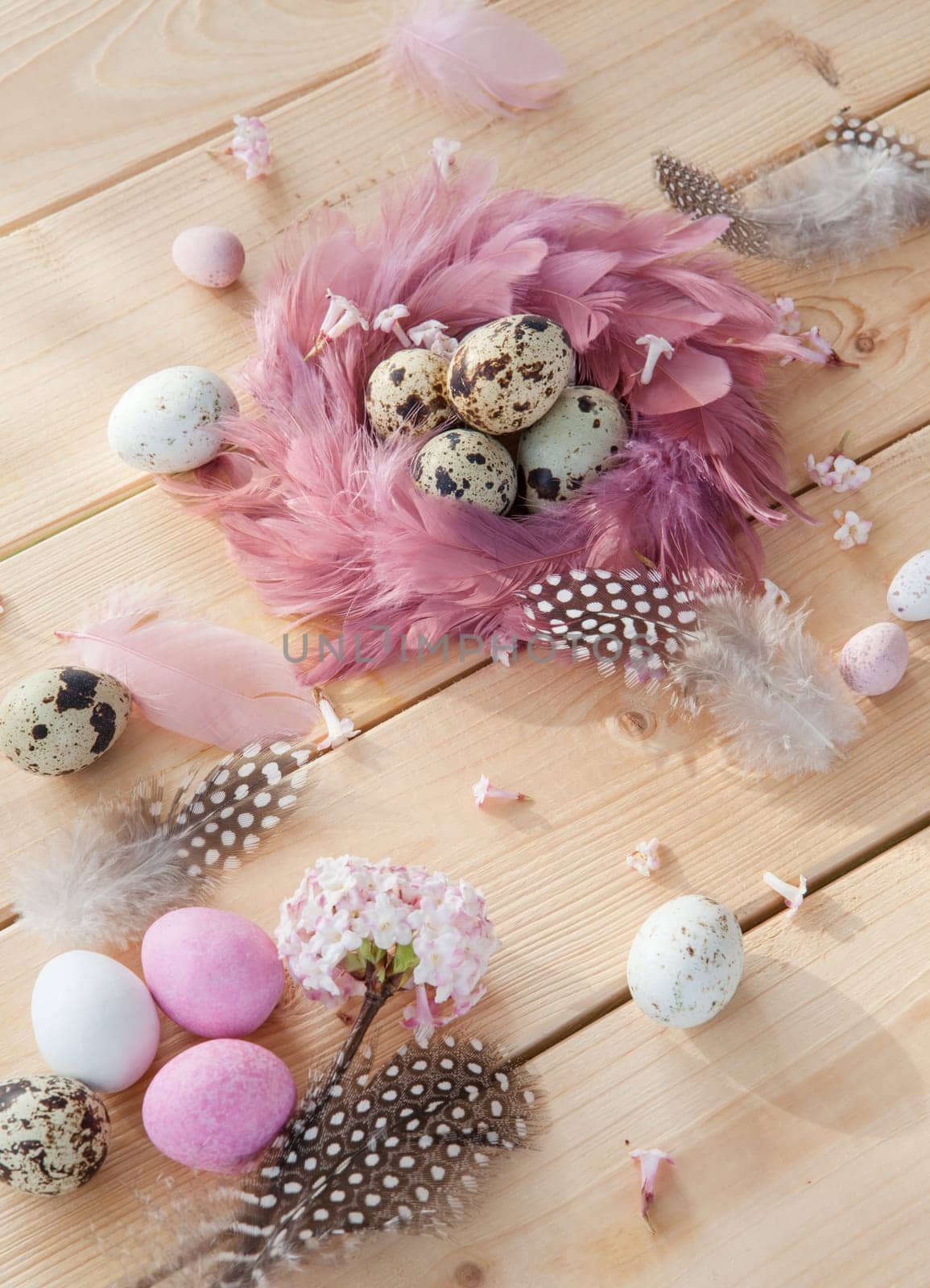Rustic background at Easter with colorful Easter eggs