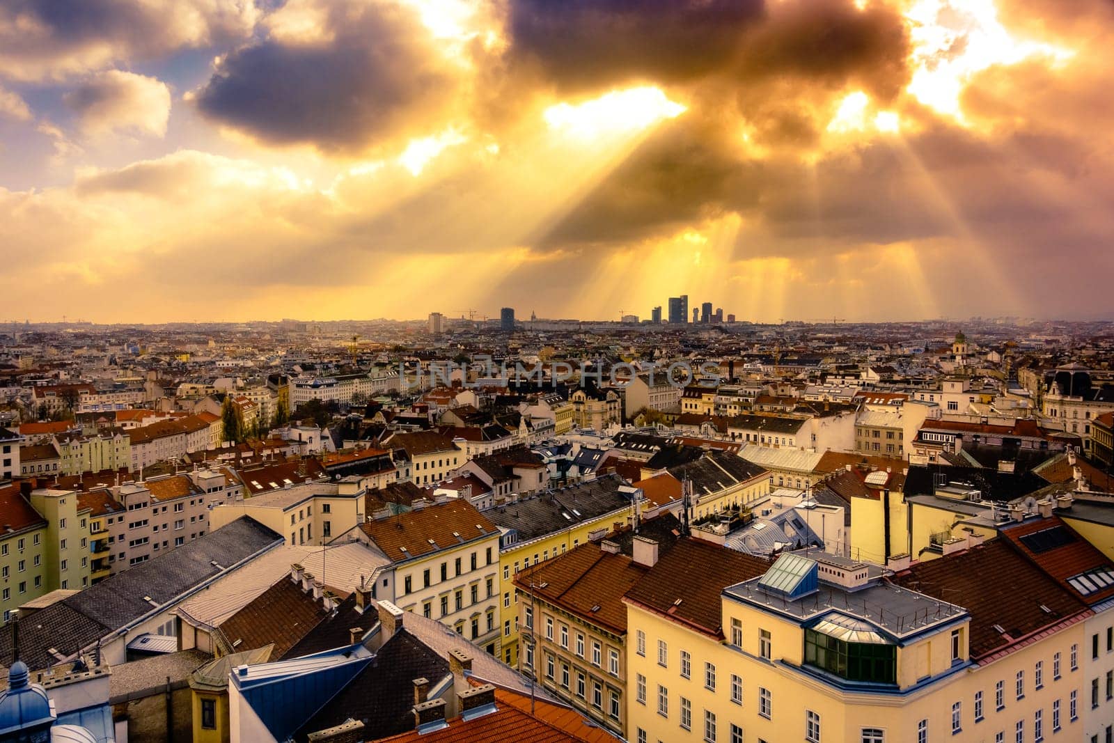 Vienna,city view at dusk,bird's eye view of the city with sun rays in the evening