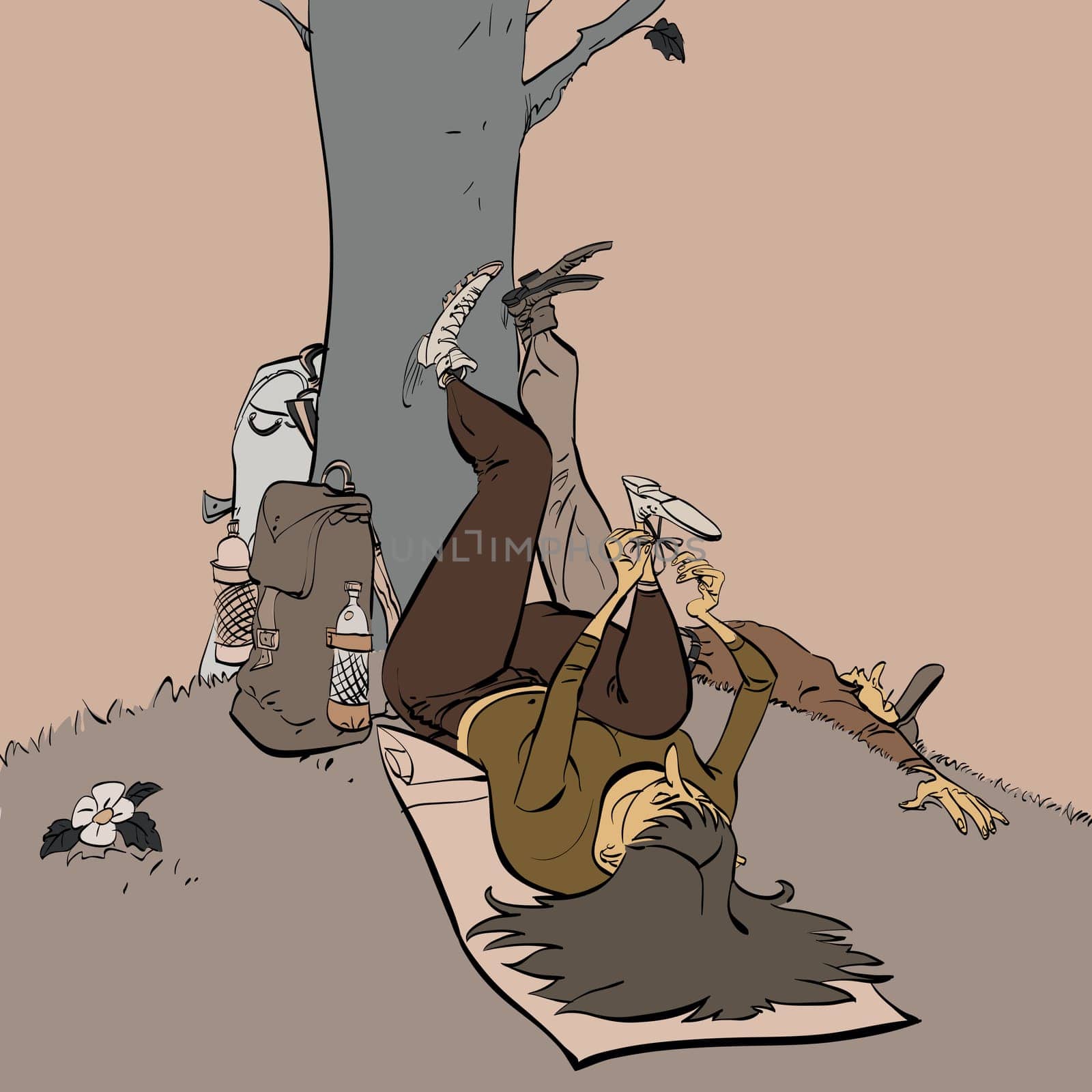 Tourists at rest in the forest campaign, colored cartoon vector illustration. Sport and health