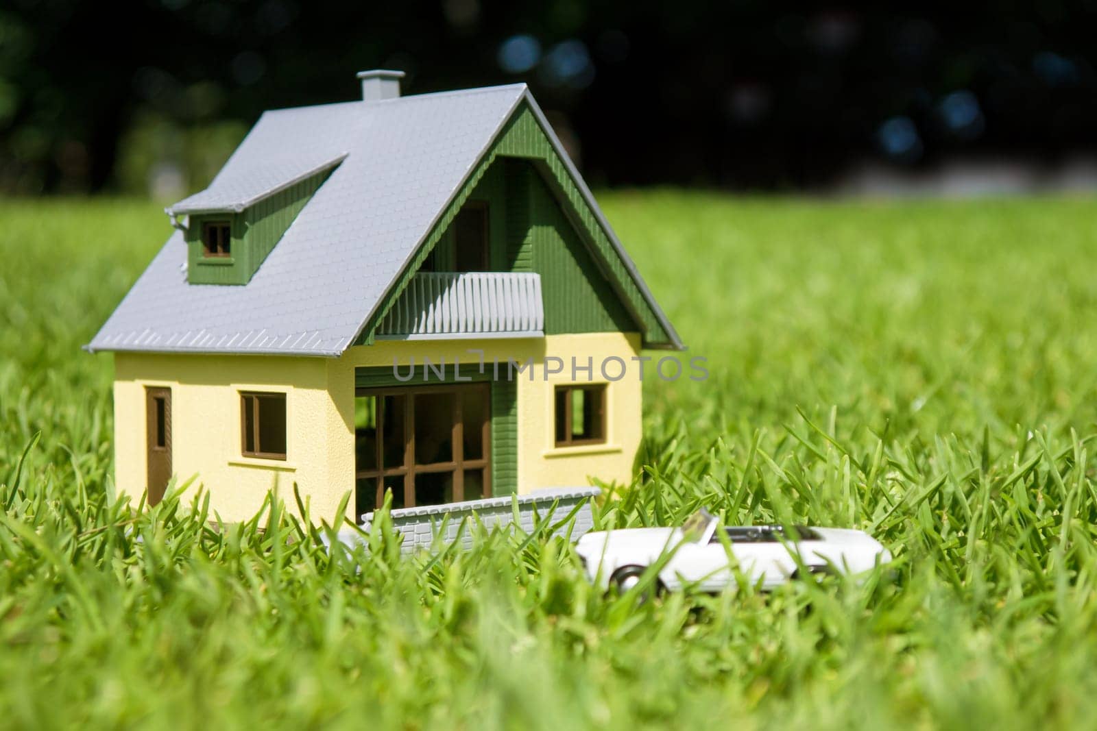 house and car on a green meadow in summer