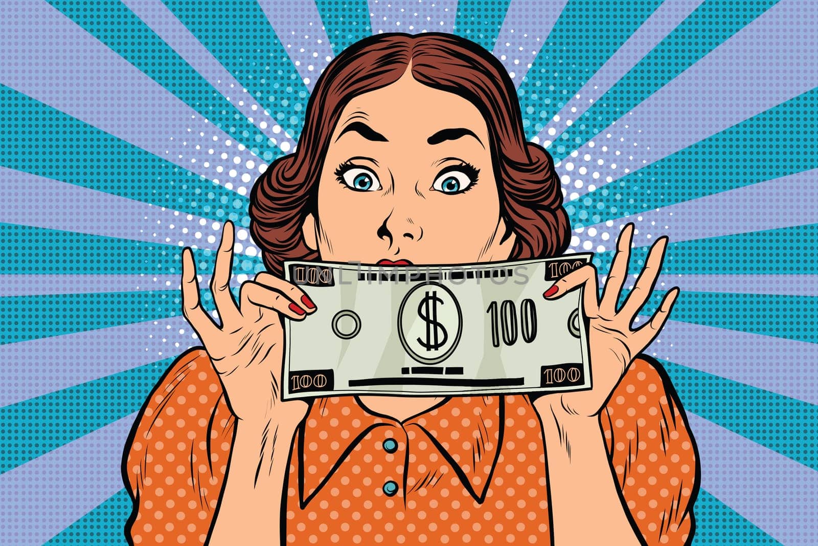 Surprised beautiful retro woman, banknote hundred dollars, pop art vector illustration