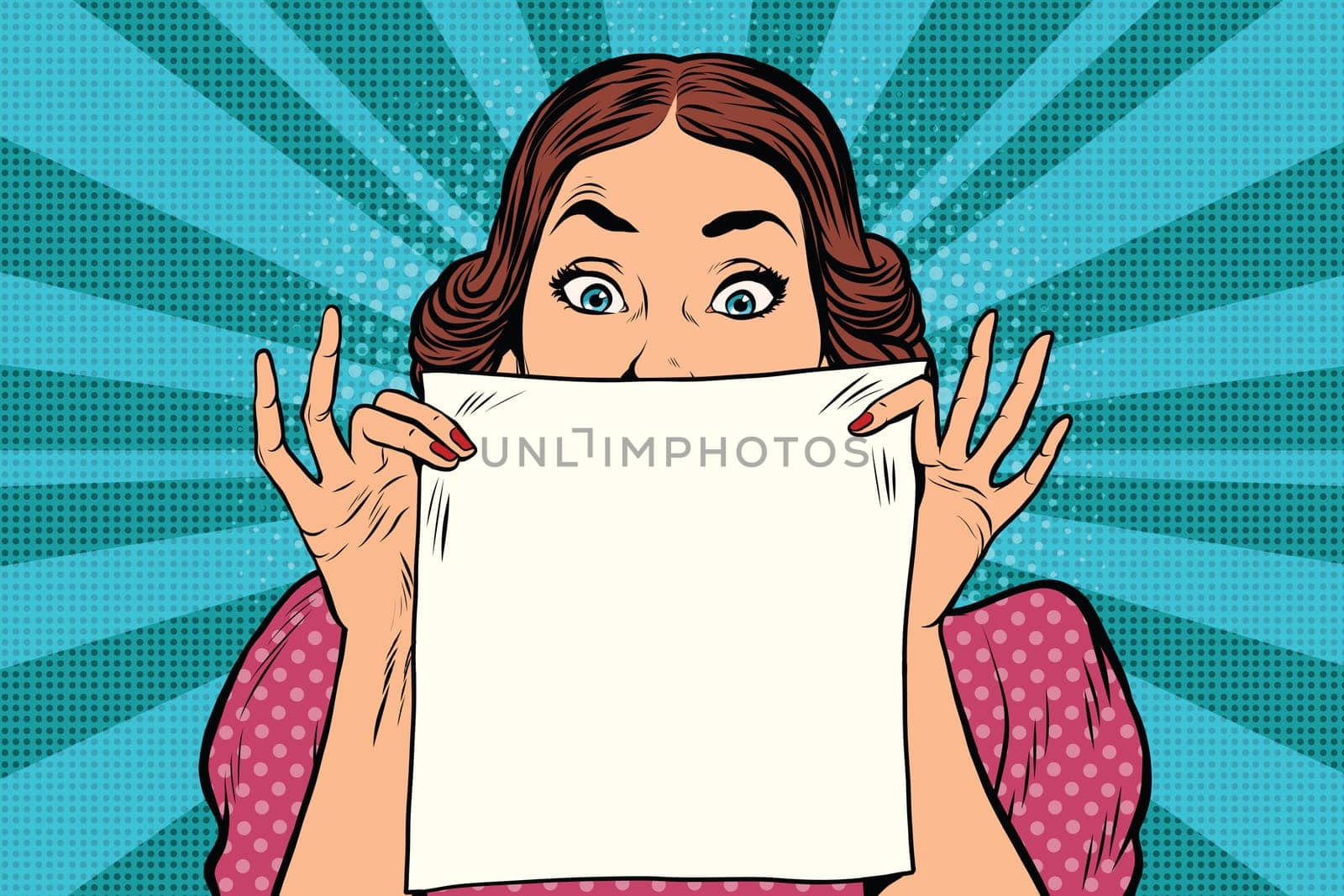 Surprised beautiful retro woman, square white sheet of paper, pop art vector illustration