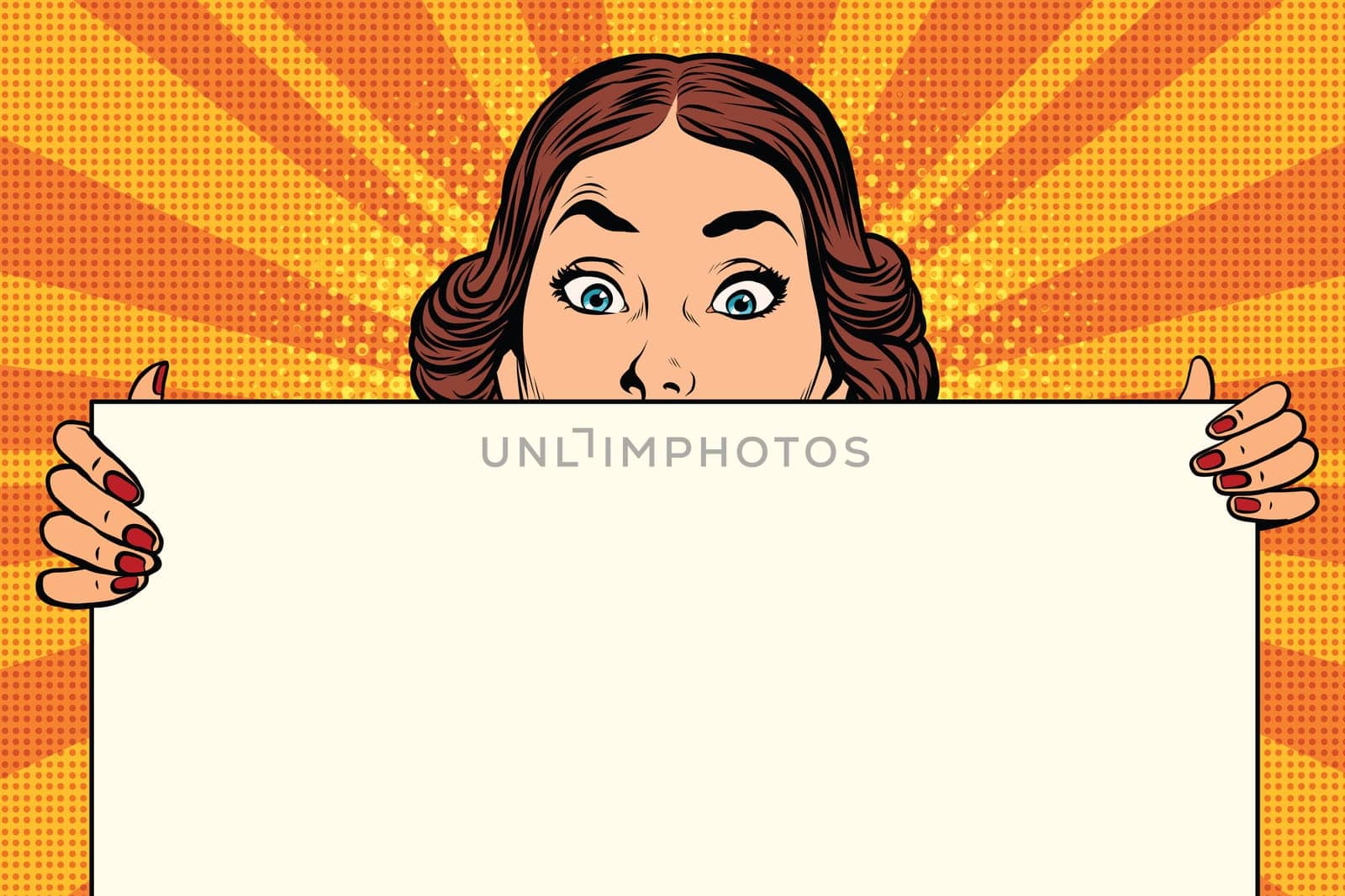Surprised beautiful retro woman, long Billboard, pop art vector illustration