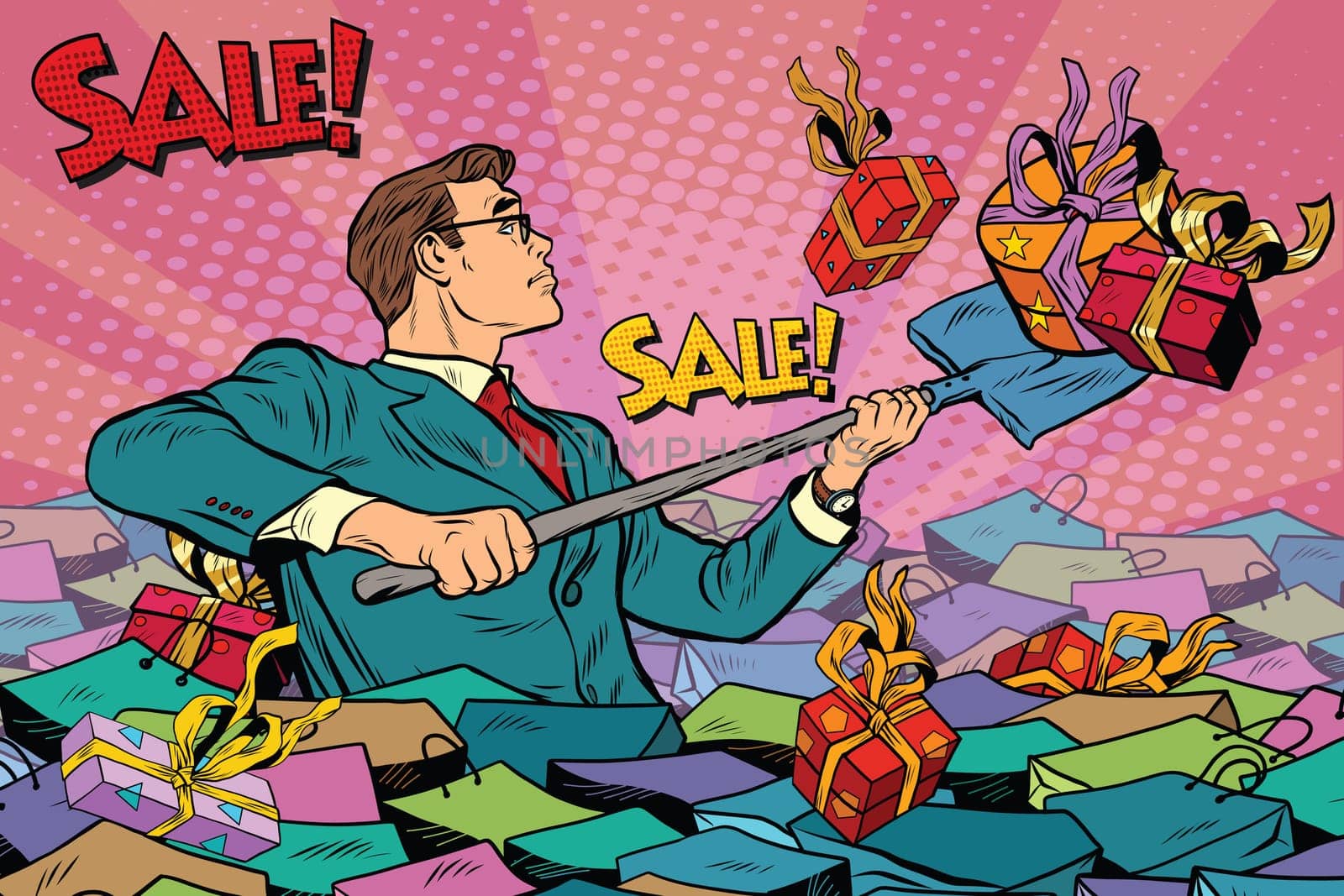 Businessman and sales season, retro man with a shovel is among the gifts, pop art retro vector illustration