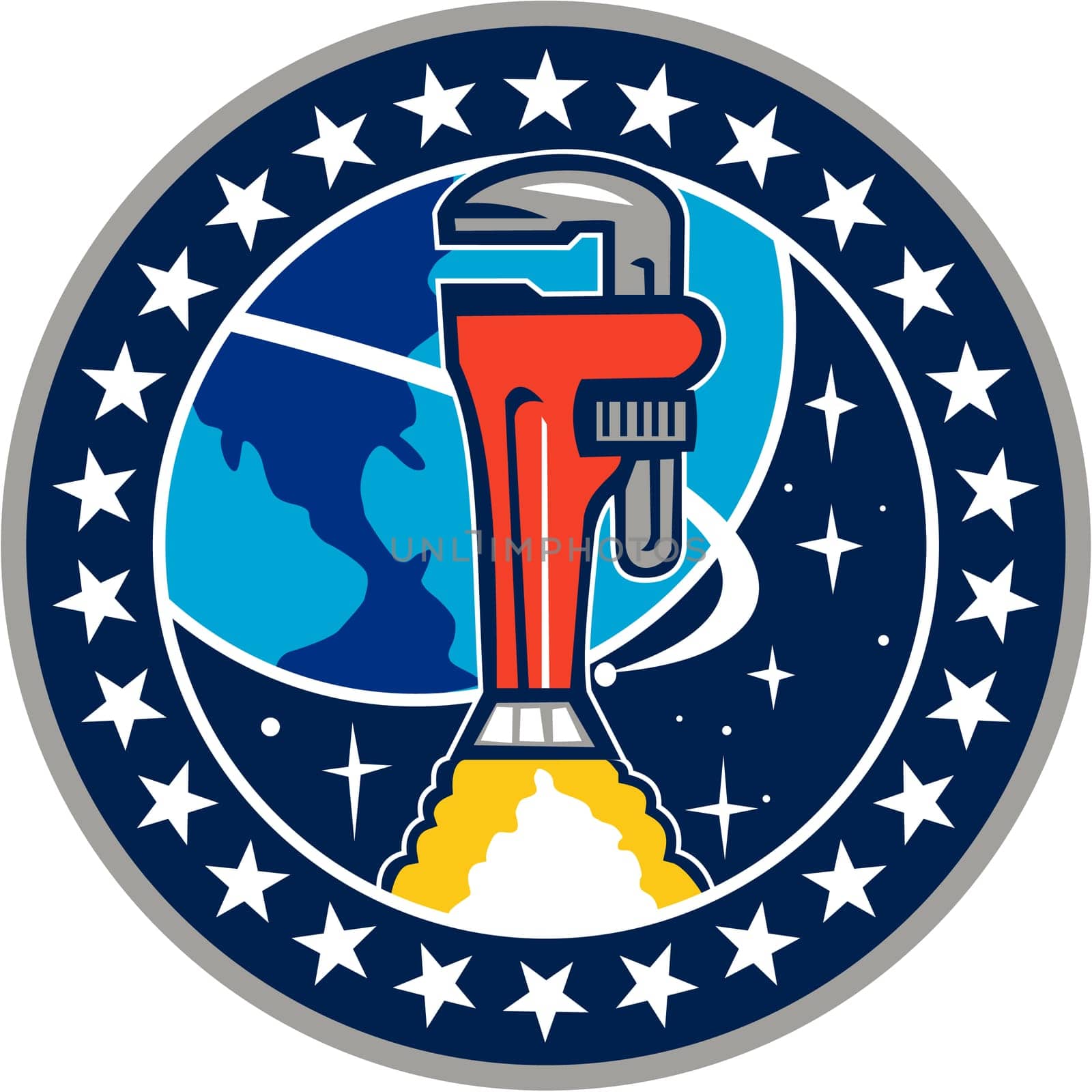 Illustration of a pipe wrench rocket booster orbitting earth space set inside circle with stars in the background done in retro style.