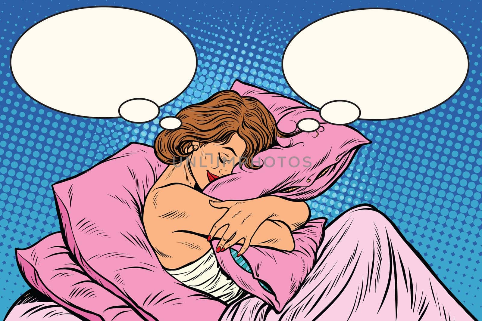 Young woman in bed hugging a pillow, pop art retro vector illustration