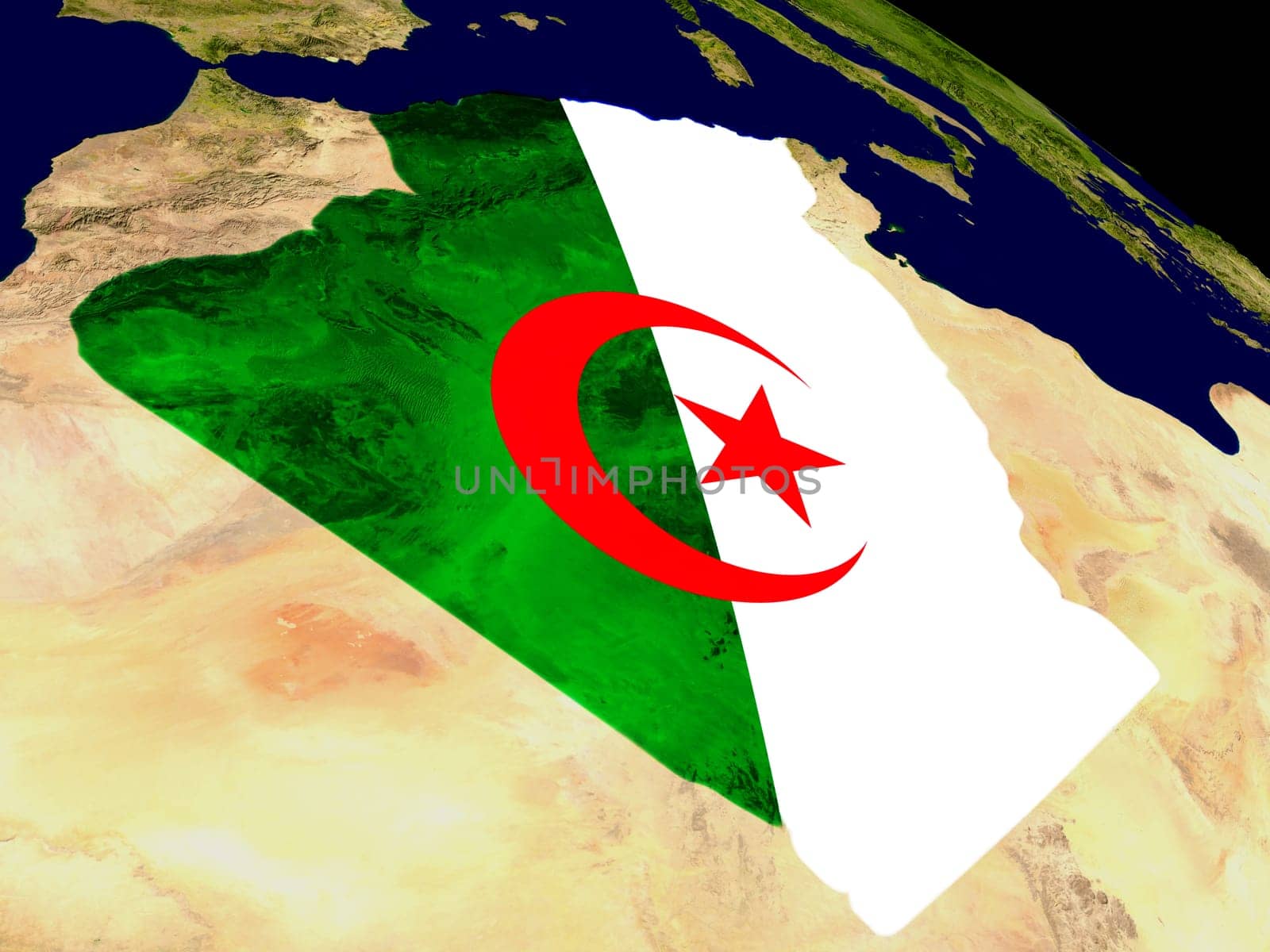 Map of Algeria with embedded flag on planet surface. 3D illustration. Elements of this image furnished by NASA.