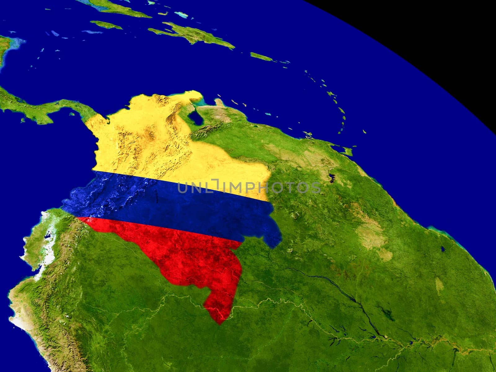 Map of Colombia with embedded flag on planet surface. 3D illustration. Elements of this image furnished by NASA.