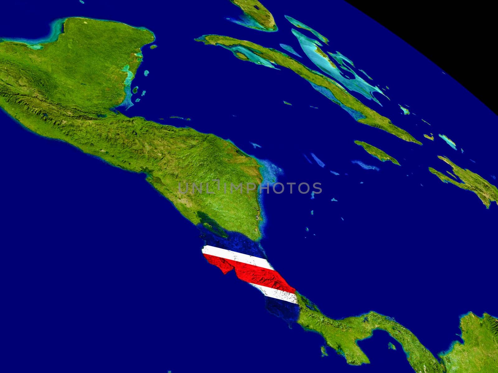 Map of Costa Rica with embedded flag on planet surface. 3D illustration. Elements of this image furnished by NASA.