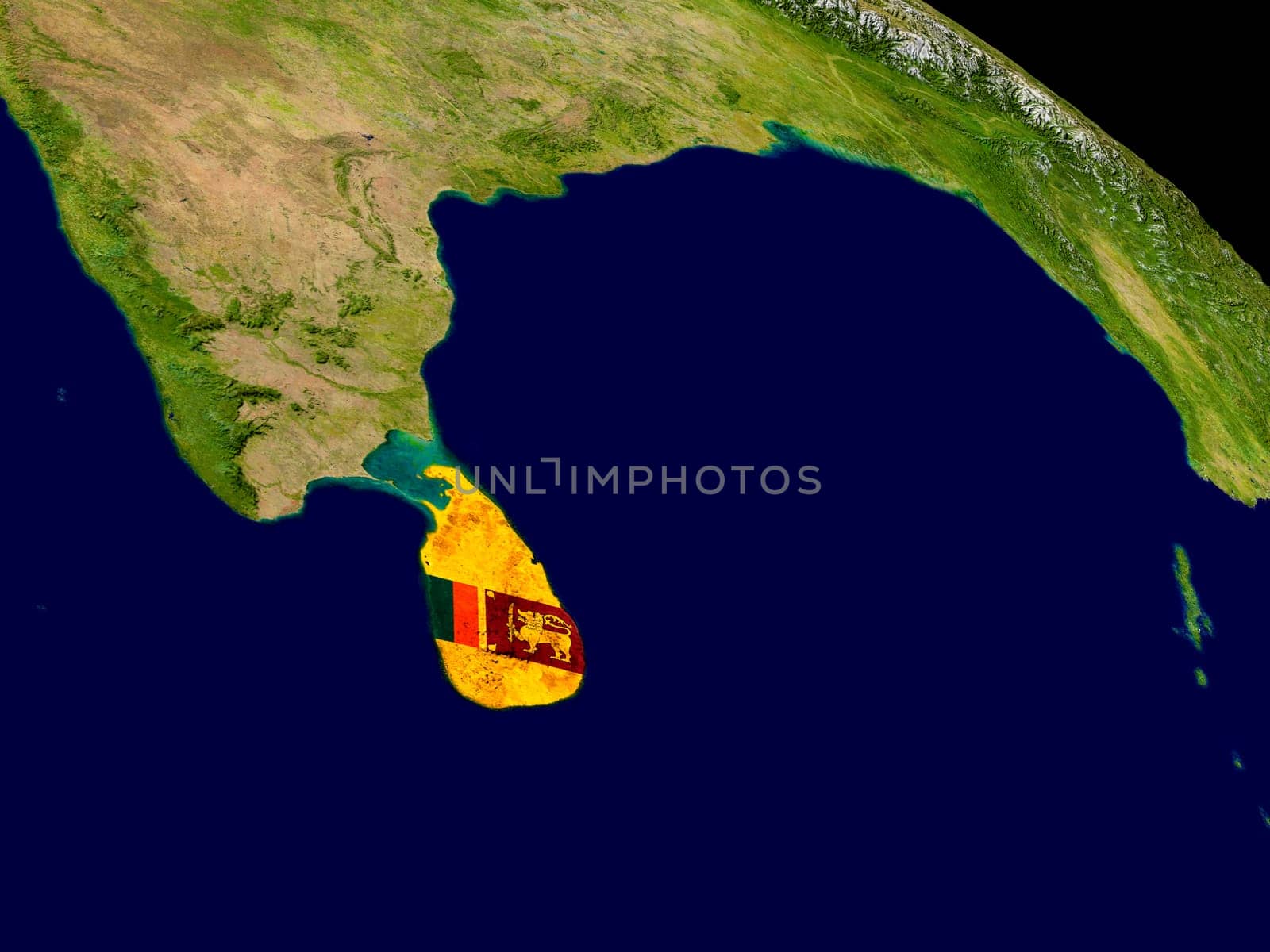 Map of Sri Lanka with embedded flag on planet surface. 3D illustration. Elements of this image furnished by NASA.