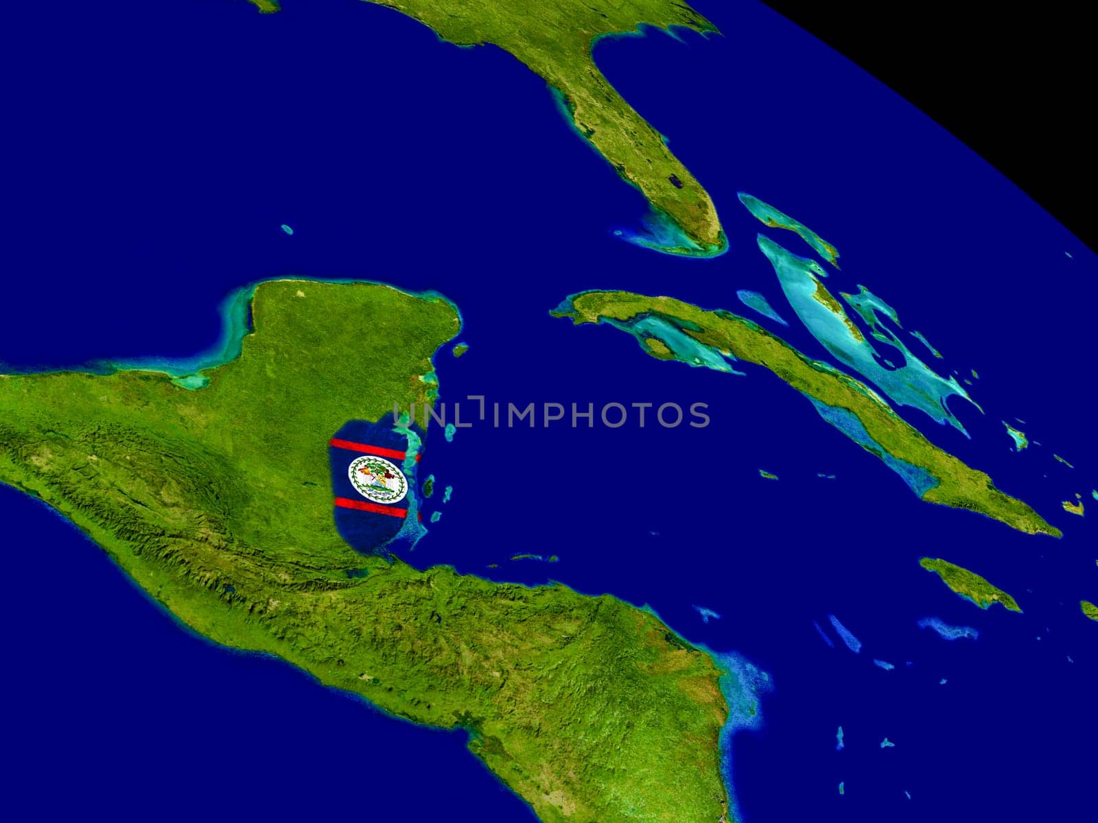 Map of Belize with embedded flag on planet surface. 3D illustration. Elements of this image furnished by NASA.