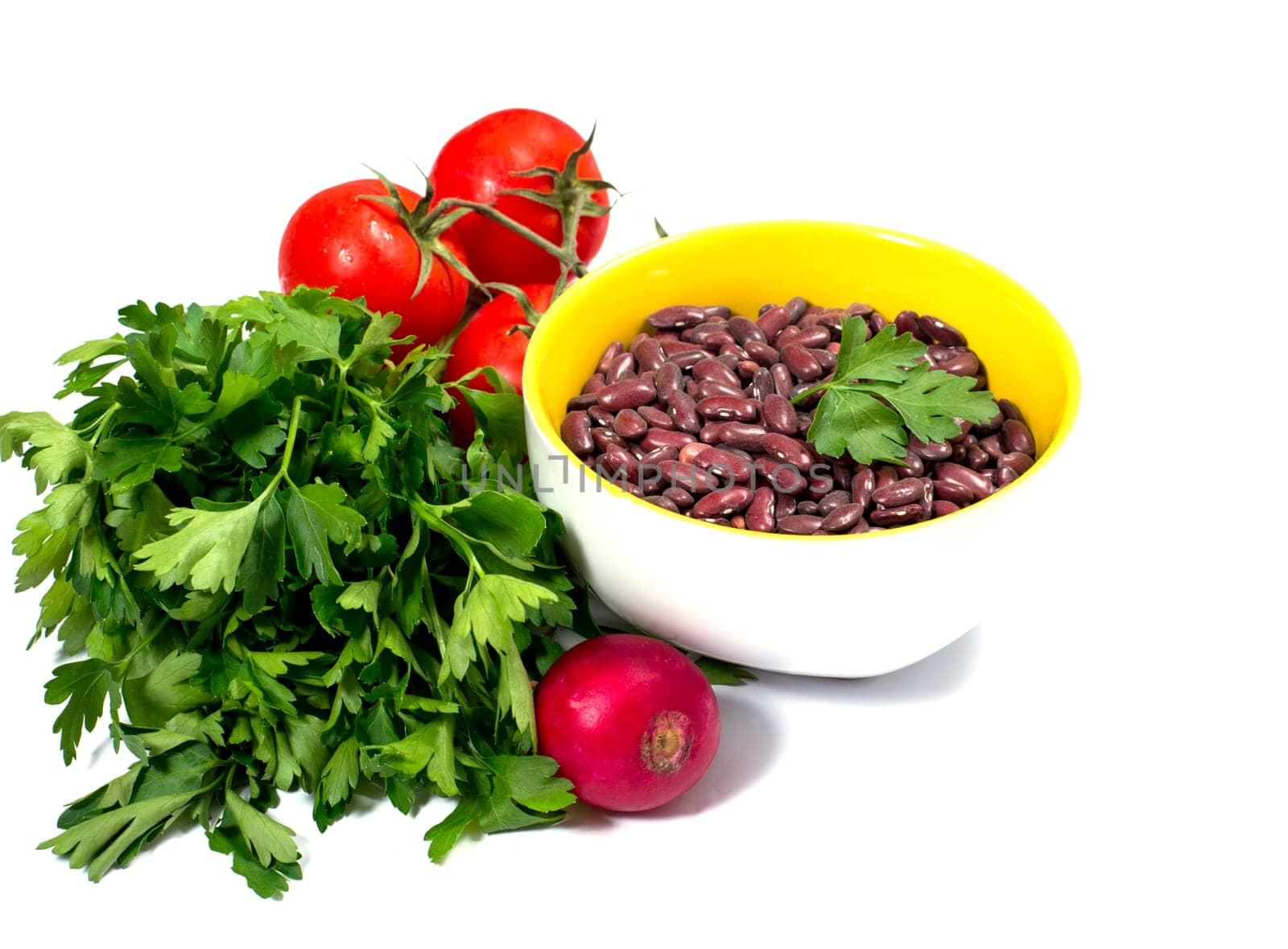 parsley, tomatoes, garden radish and plate with crude haricot, a subject products, vegetables