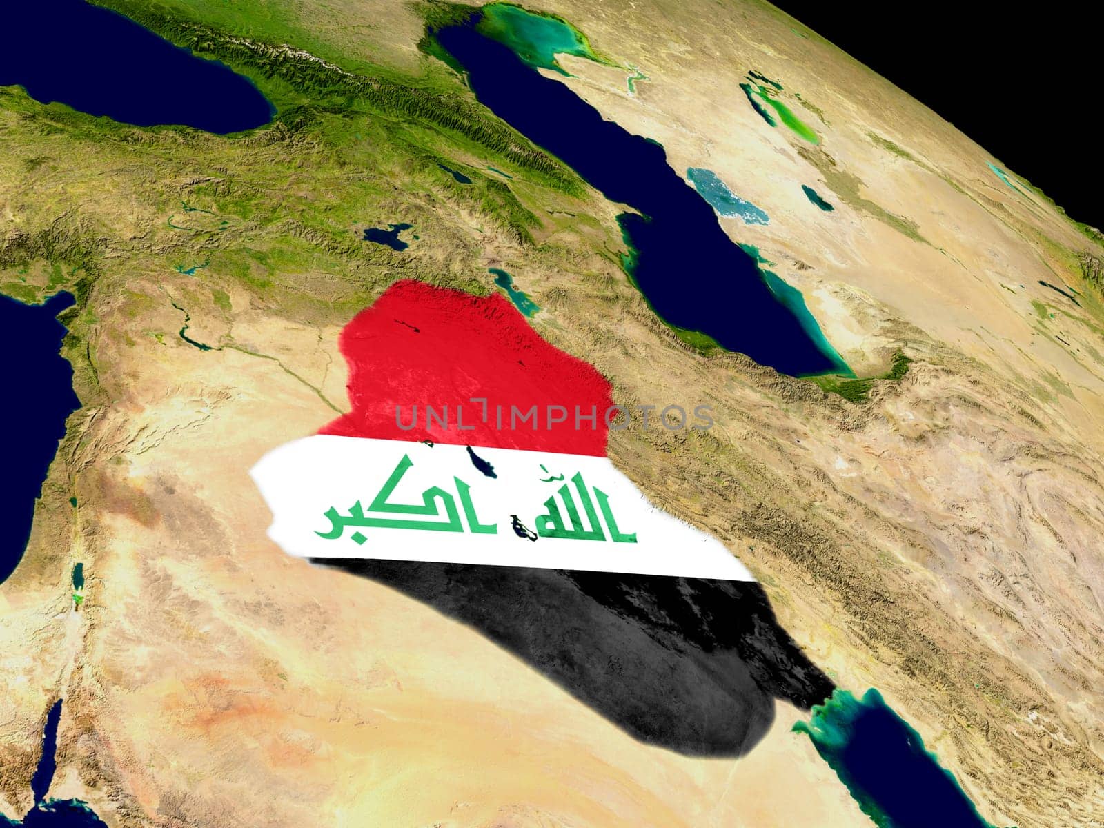 Map of Iraq with embedded flag on planet surface. 3D illustration. Elements of this image furnished by NASA.