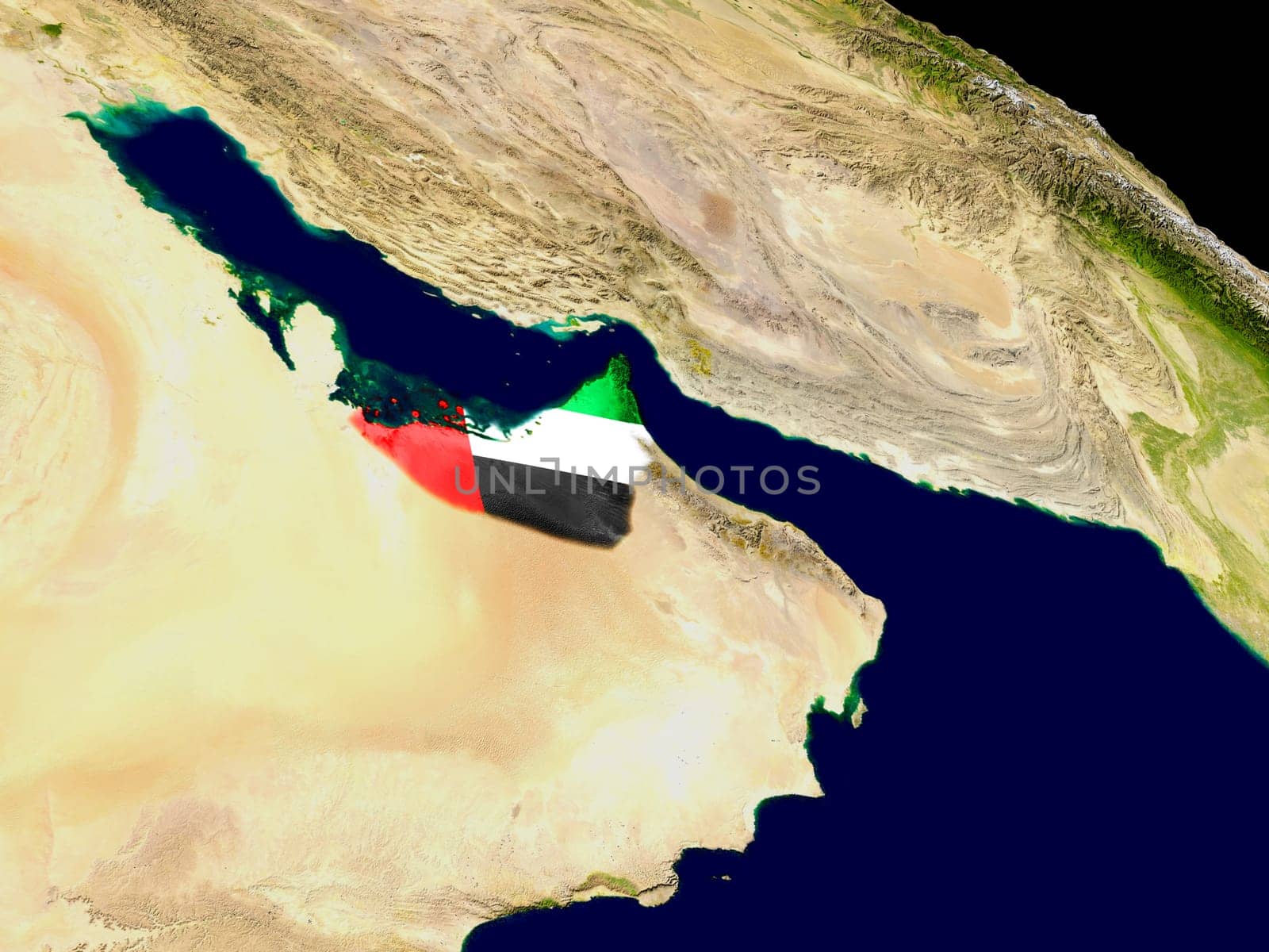 Map of United Arab Emirates with embedded flag on planet surface. 3D illustration. Elements of this image furnished by NASA.